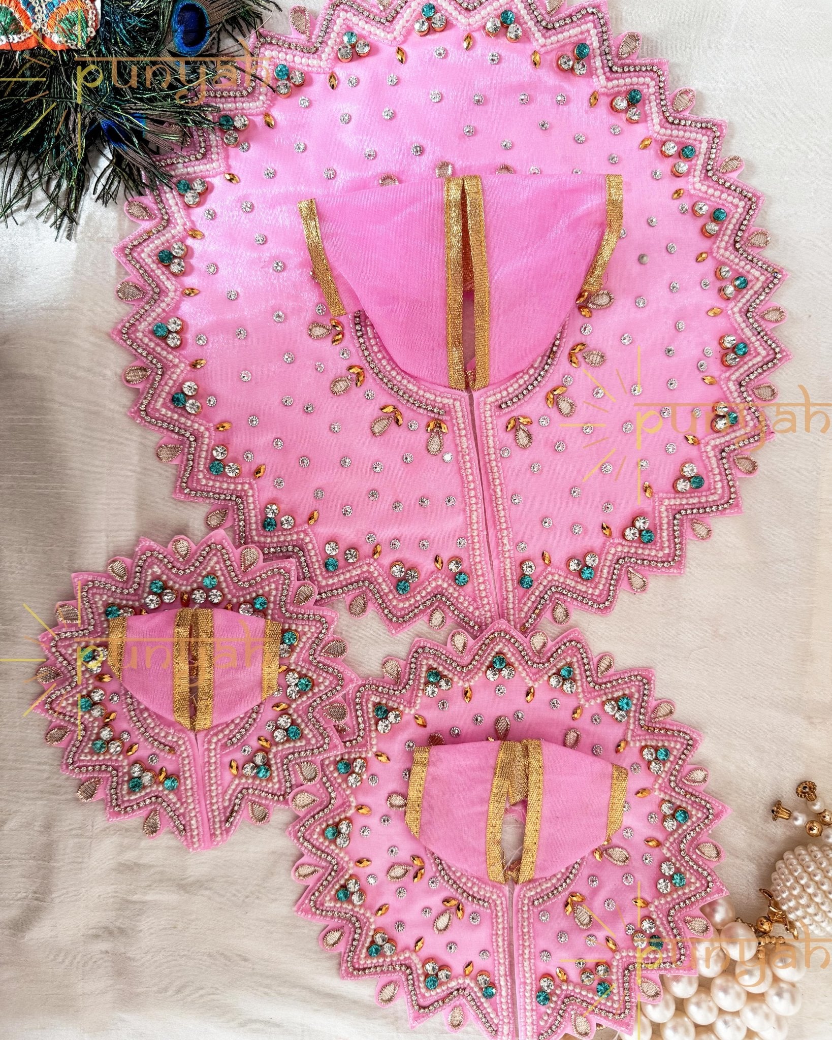 Baby Pink Moti Embroidered Handwork Poshak For Kanha Ji - Punyah Handicraft