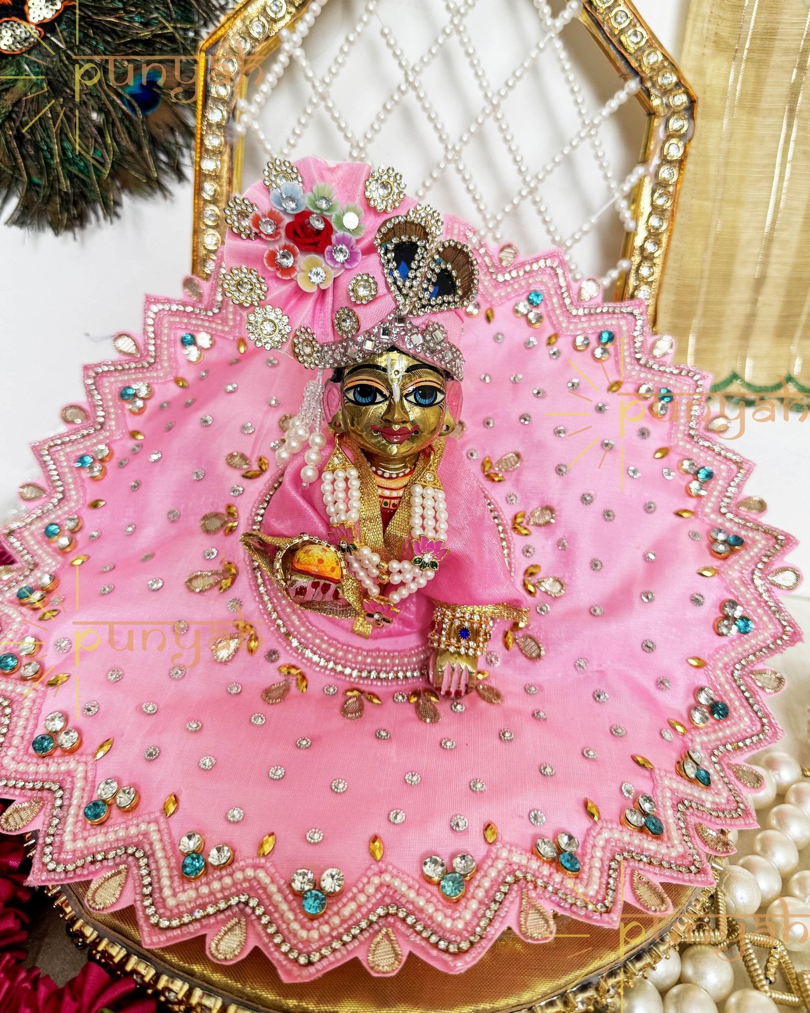 Baby Pink Moti Embroidered Handwork Poshak For Kanha Ji - Punyah Handicraft