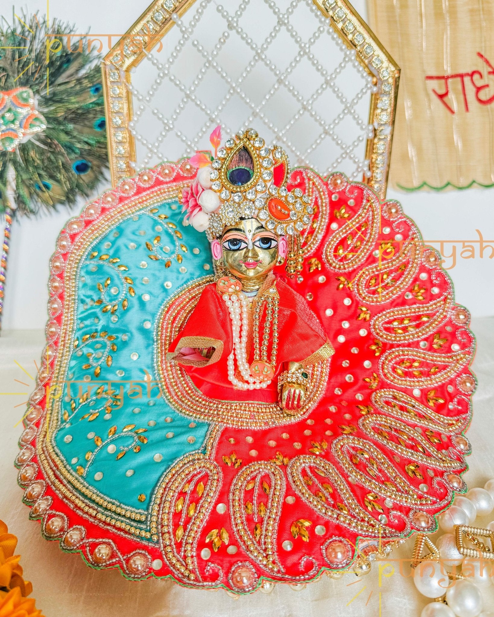 Bright Sindoori Cut Work Hand Embroidered Thakur Ji Poshak - Punyah