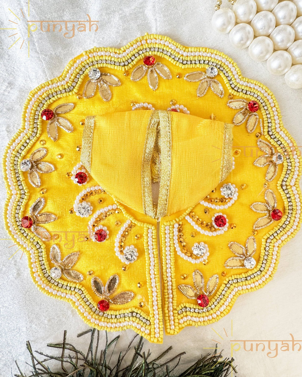 Bright Yellow Premium Poshak With Moti Handwork For Kanha Ji - Punyah Handicraft