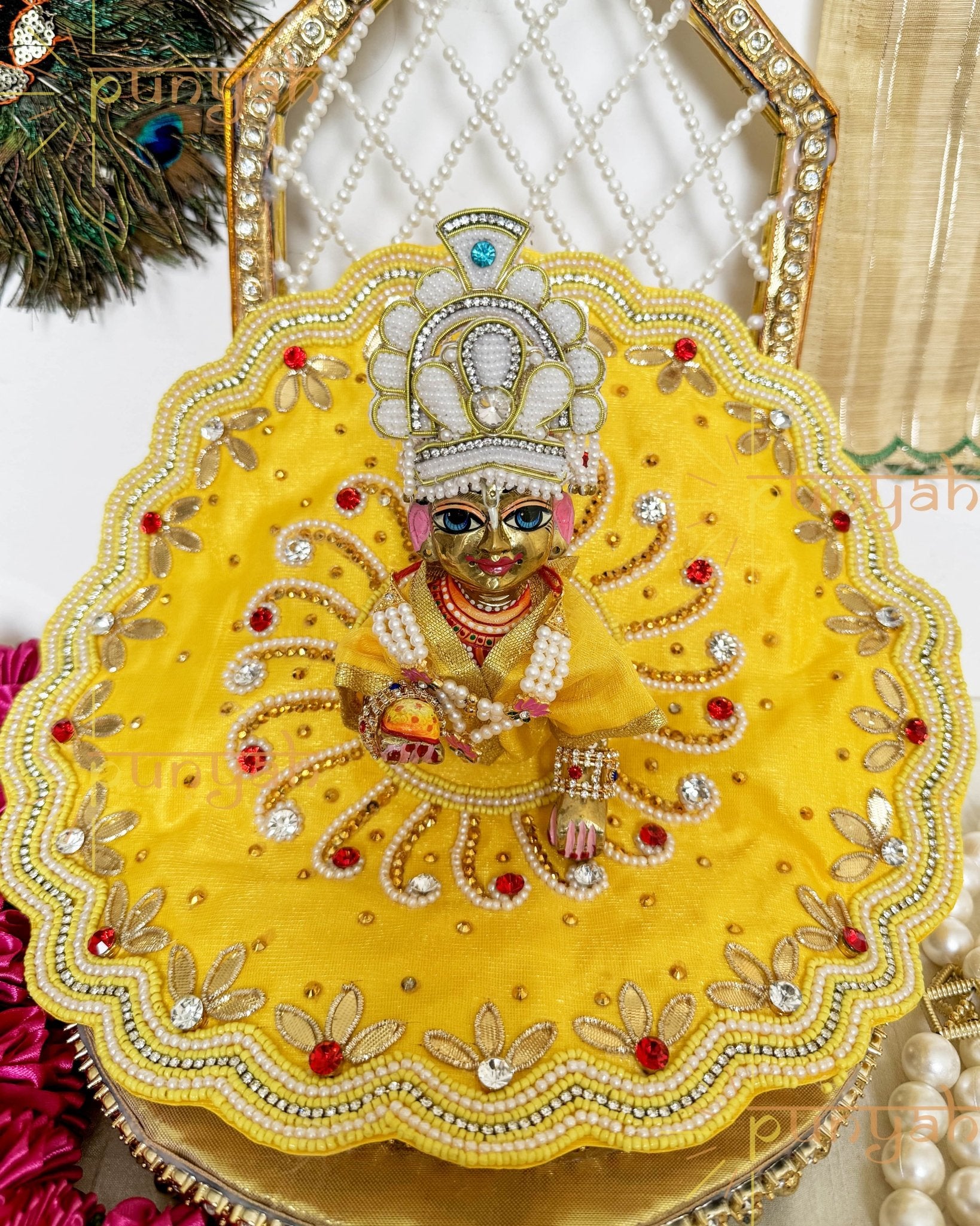 Bright Yellow Premium Poshak With Moti Handwork For Kanha Ji - Punyah Handicraft