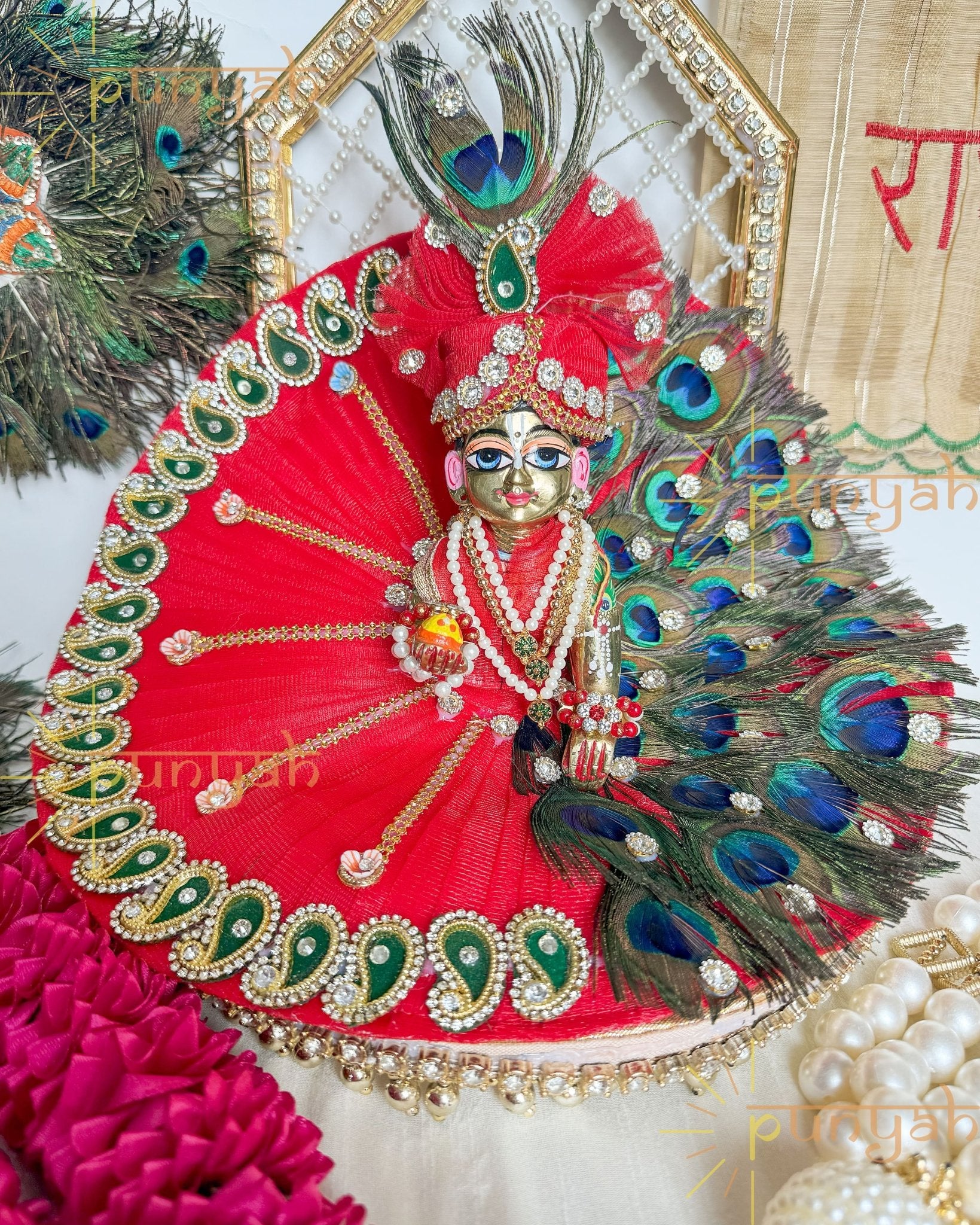 Crimson Morpankh Poshak with Pagdi & Patka For Kanha Ji - Punyah