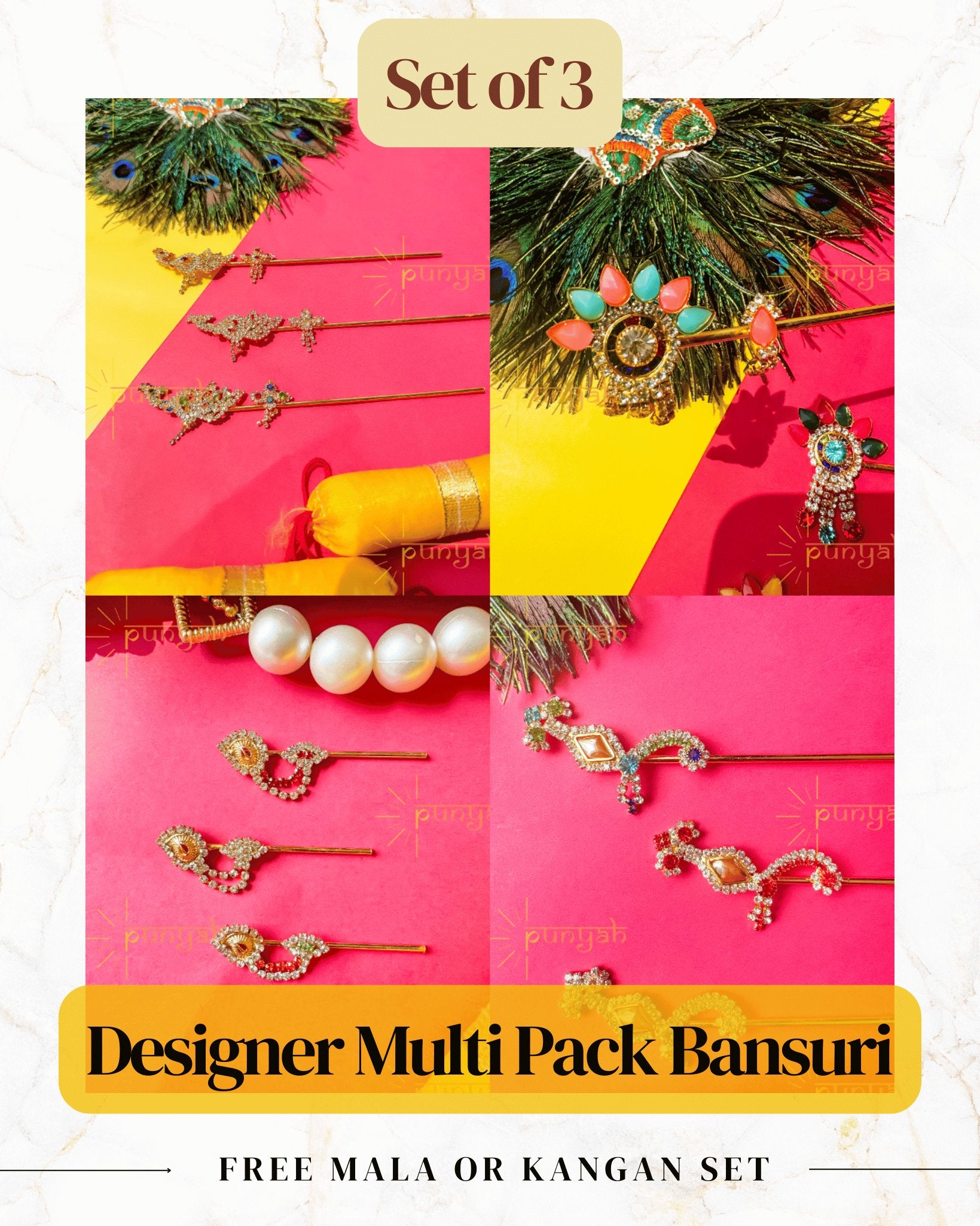 Designer Multi Pack Bansuri - Set of 3 for your Kanha Ji (Different Designs) - Punyah Handicraft