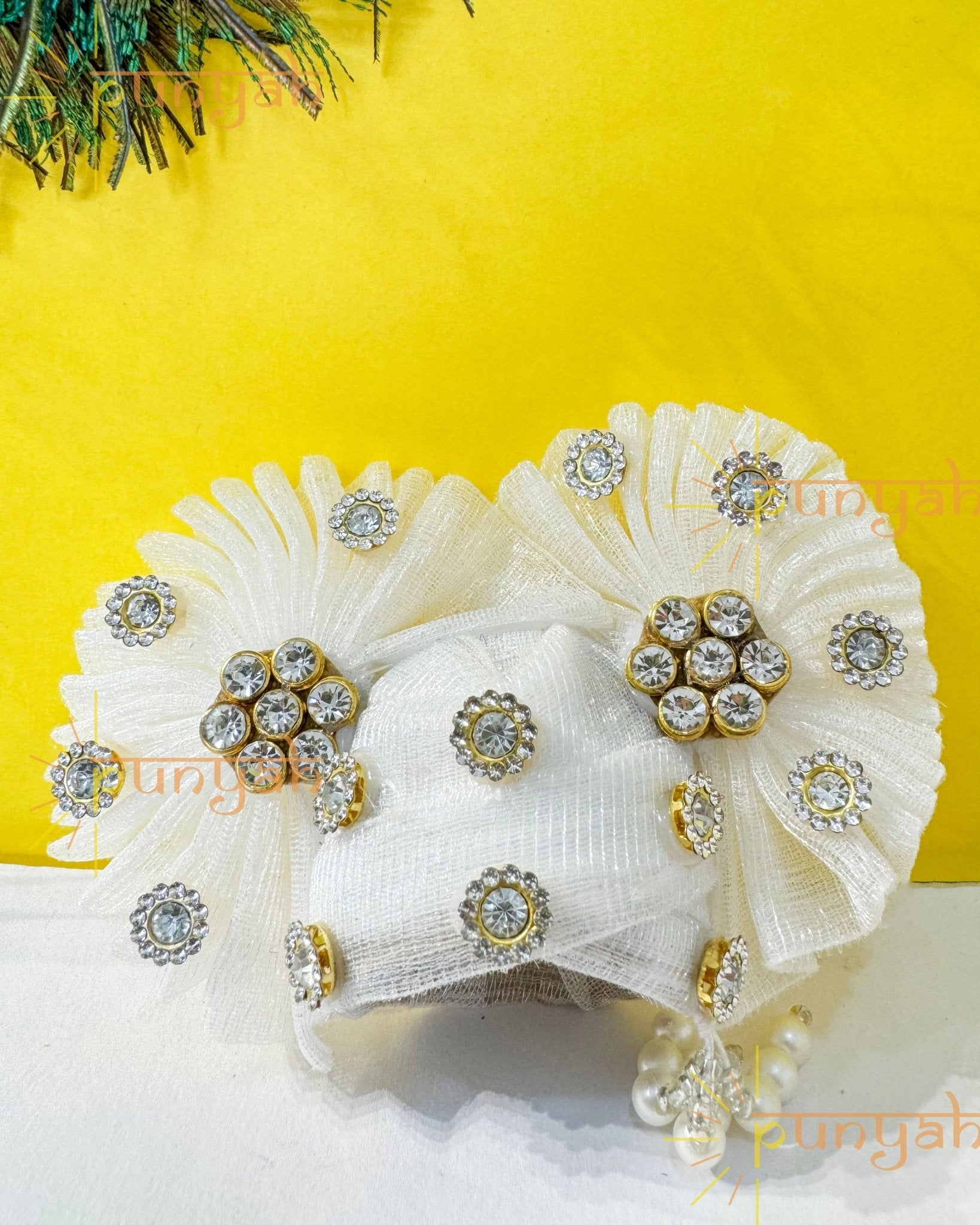 Divine White Kundan Pagdi For Kanha ji - Punyah Handicraft