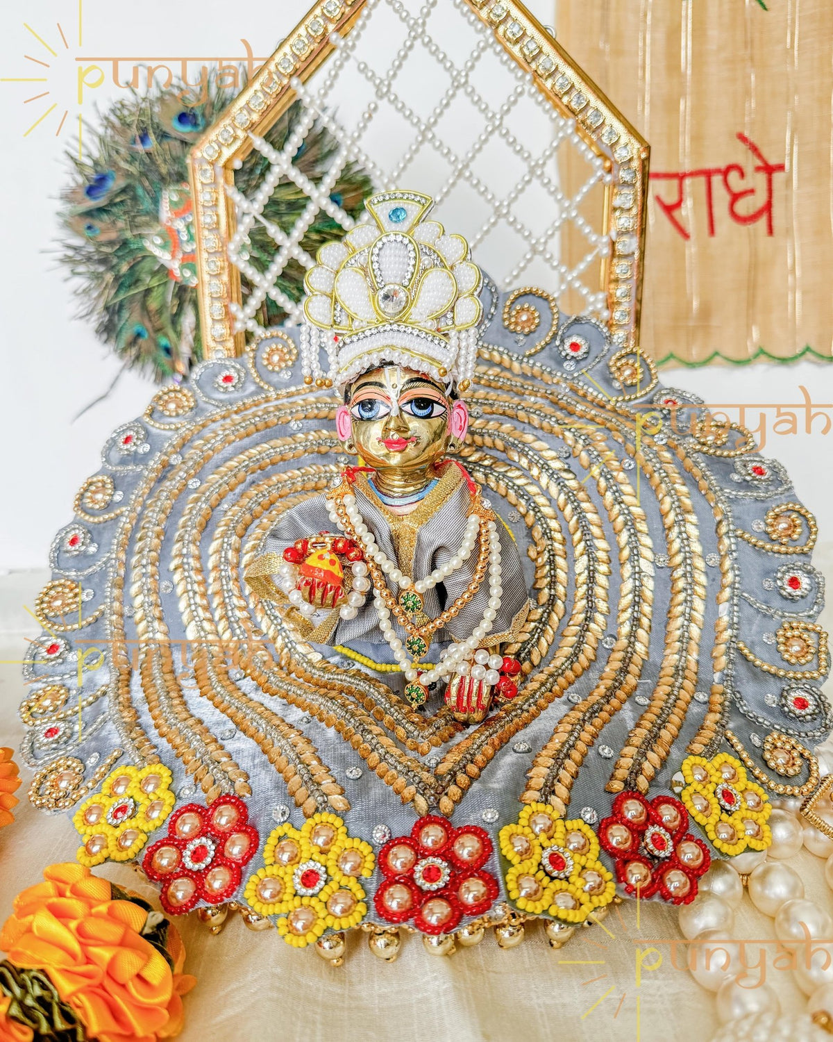 Greyish Moon Poshak with Golden Embroidery For Laddu Gopal Ji - Punyah