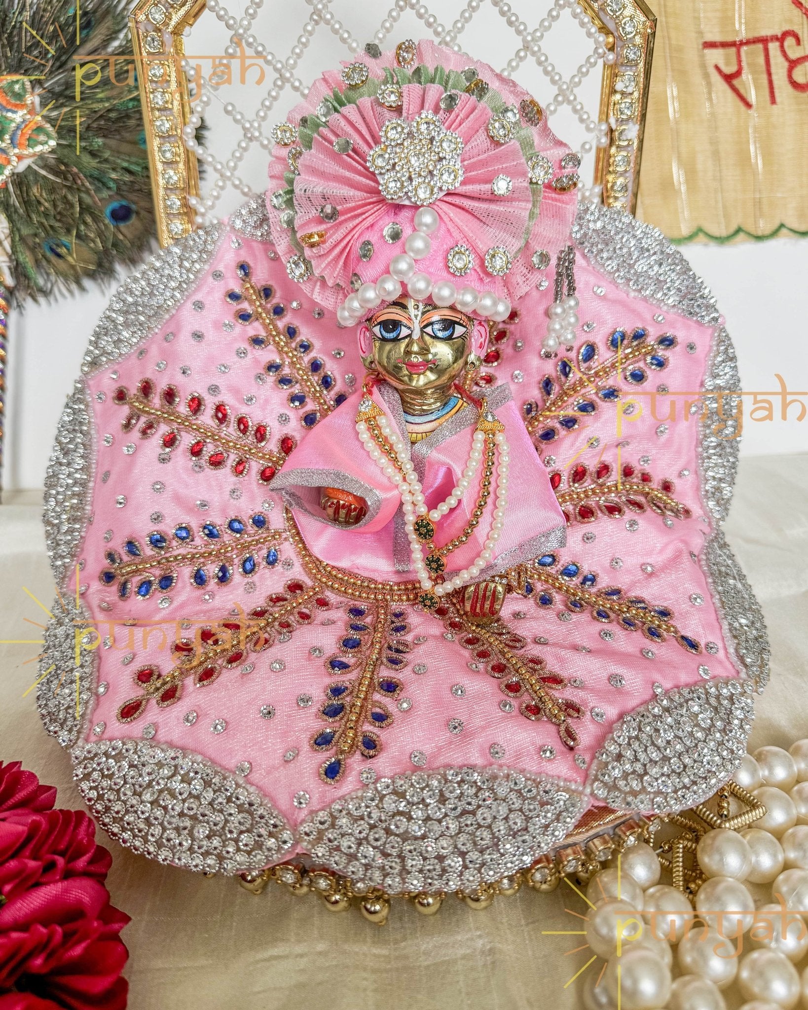 Gulabi Silver Embellishments Poshak For Laddu Gopal Ji - Punyah