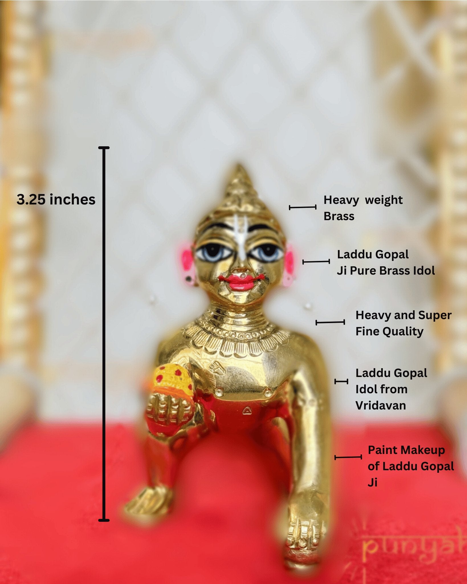 Heavy Solid Pure Brass Laddu Gopal Ji Idol from Vrindavan (3.25 Inches) - Punyah Handicraft