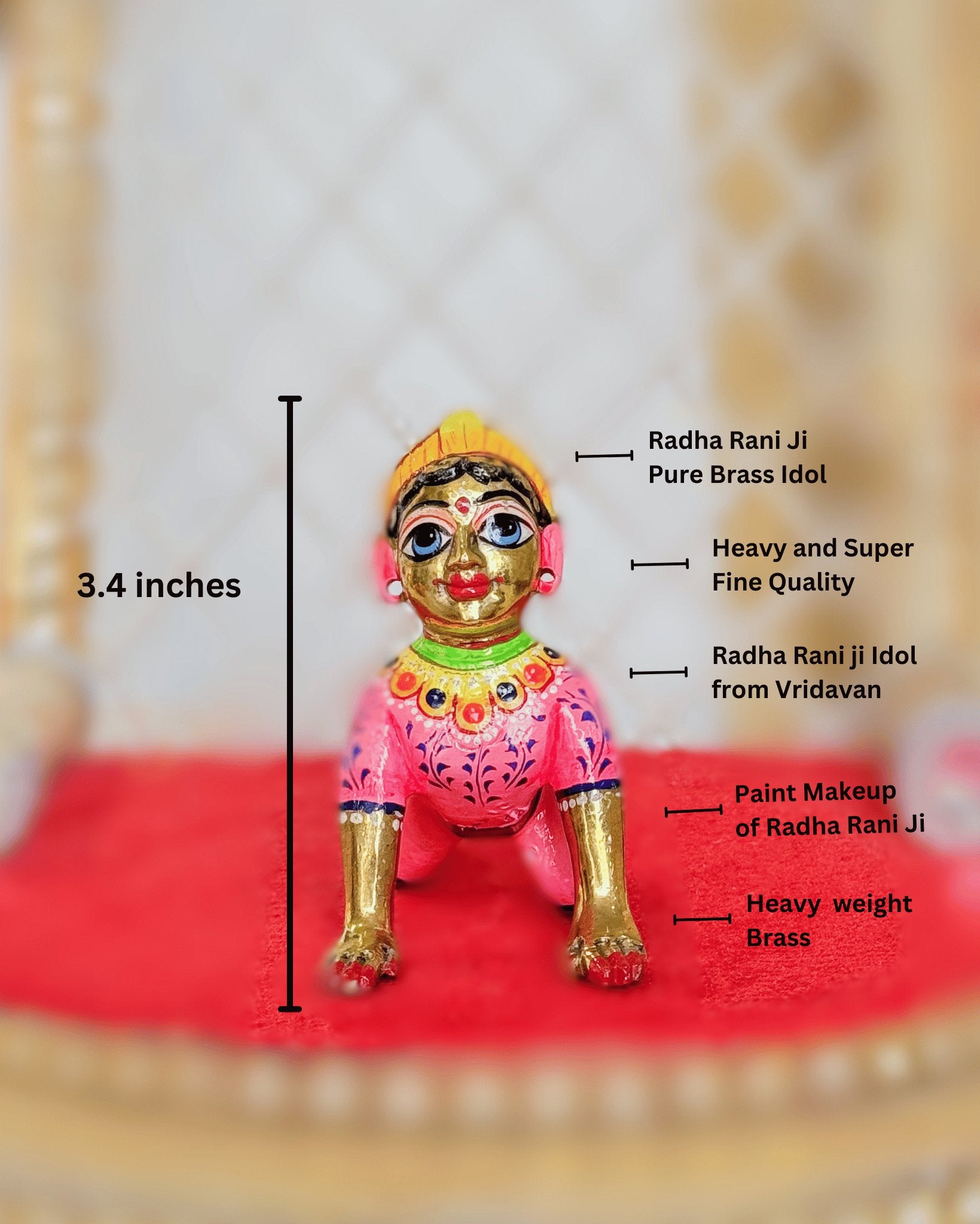 Heavy Solid Pure Brass Radha Rani Ji Idol from Vrindavan (3.4 Inches) - Punyah Handicraft