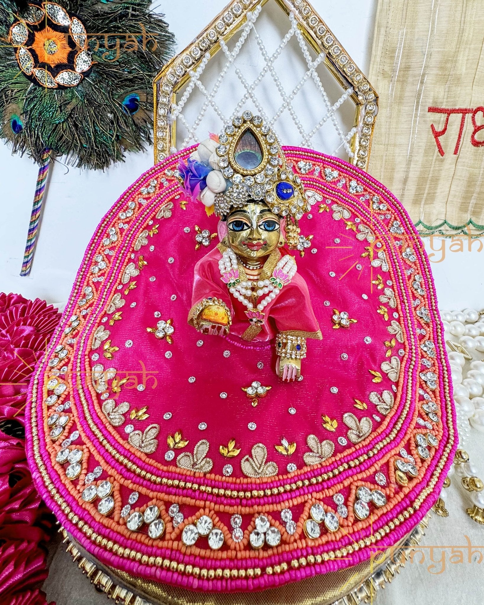 Pink Embellished Handwork Premium Poshak For Laddu Gopal Ji - Punyah Handicraft