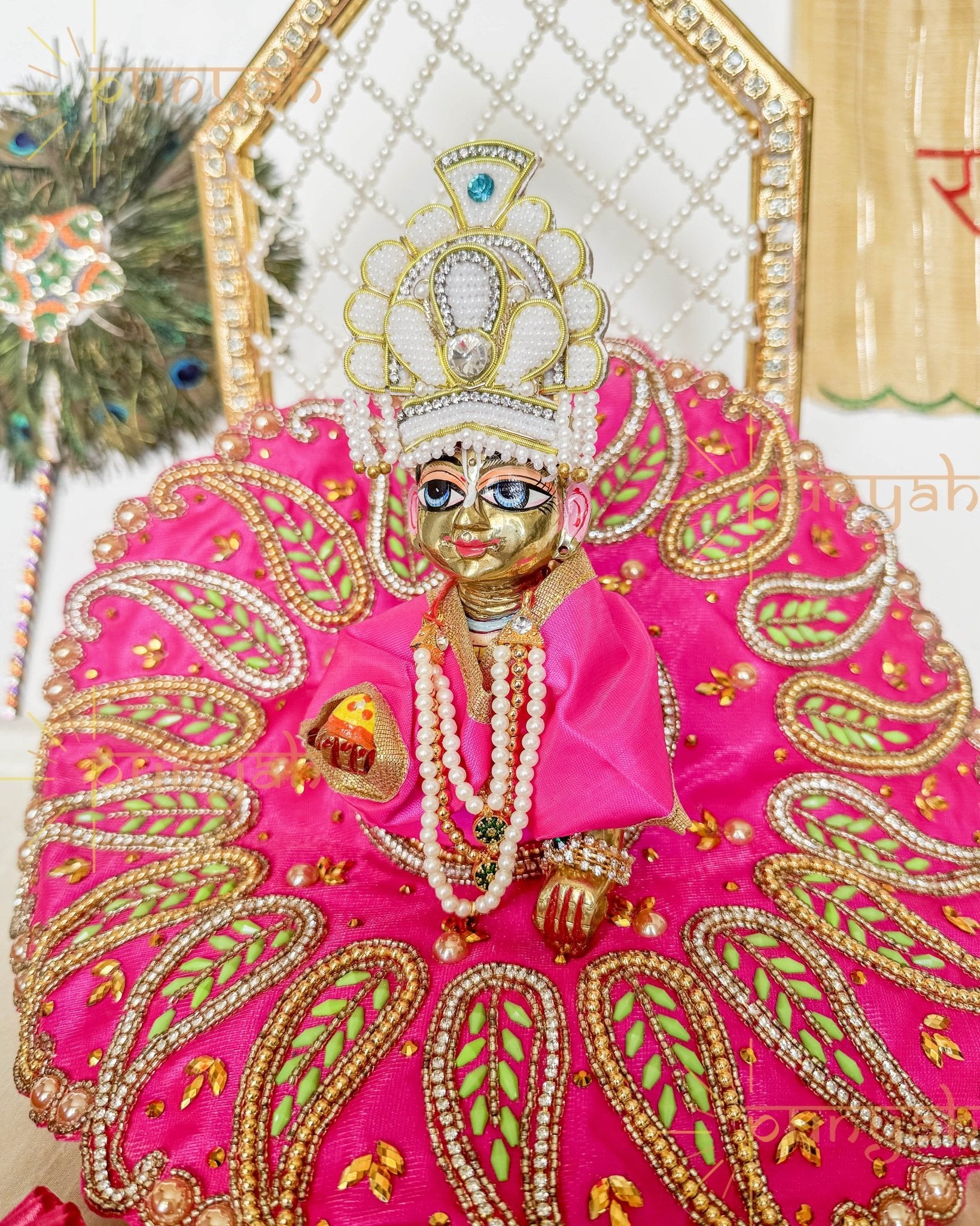 Pink Zari Embroidered With Golden Beads Poshak for Laddu Gopal Ji - Punyah