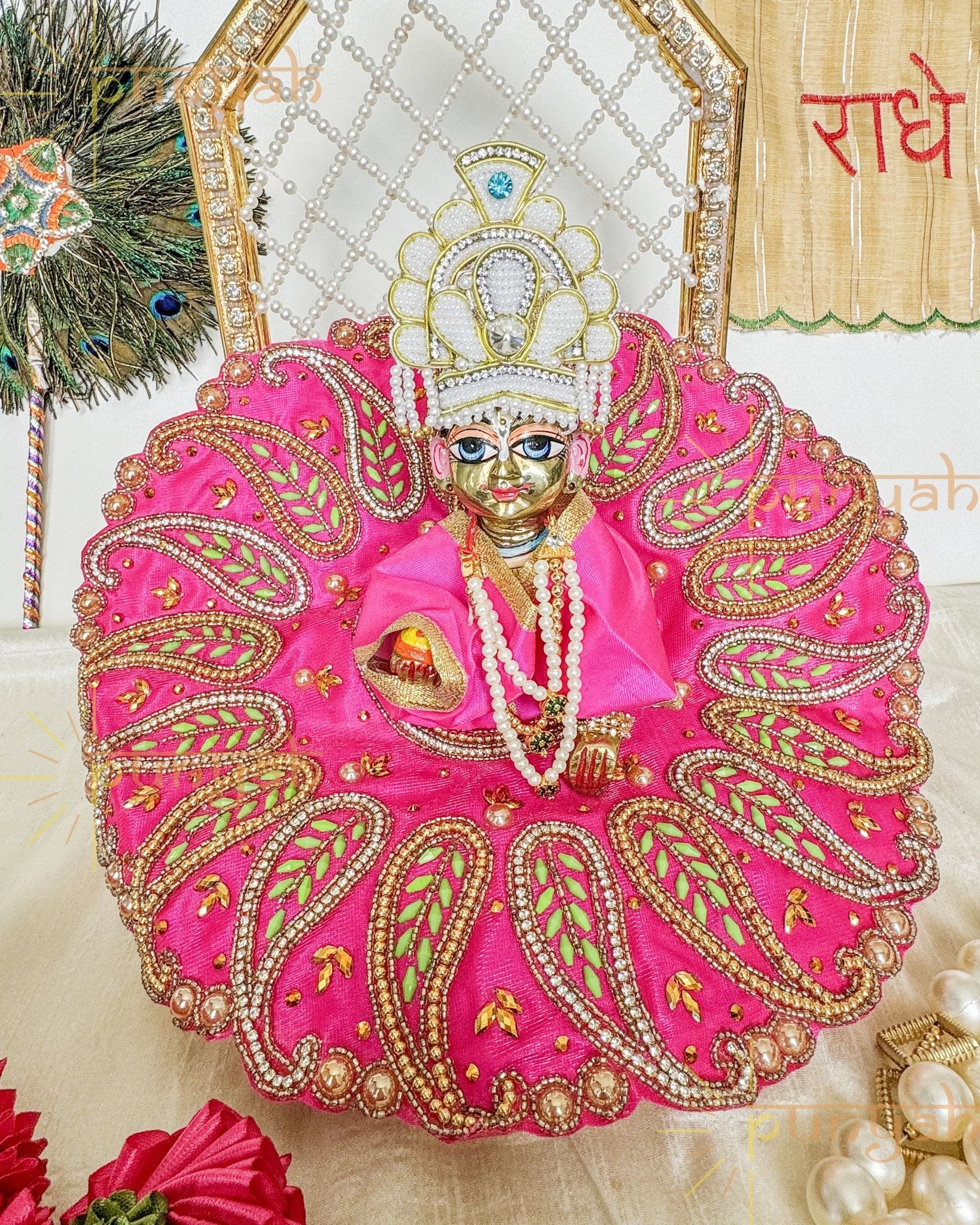 Pink Zari Embroidered With Golden Beads Poshak for Laddu Gopal Ji - Punyah