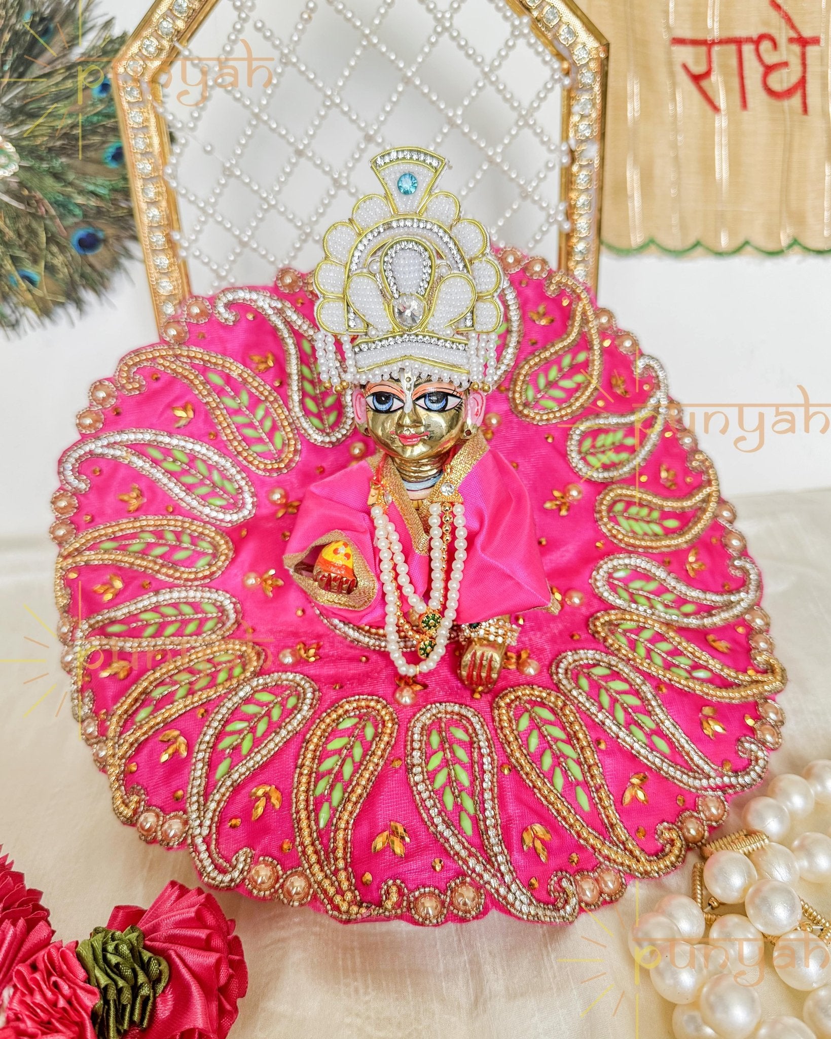 Pink Zari Embroidered With Golden Beads Poshak for Laddu Gopal Ji - Punyah