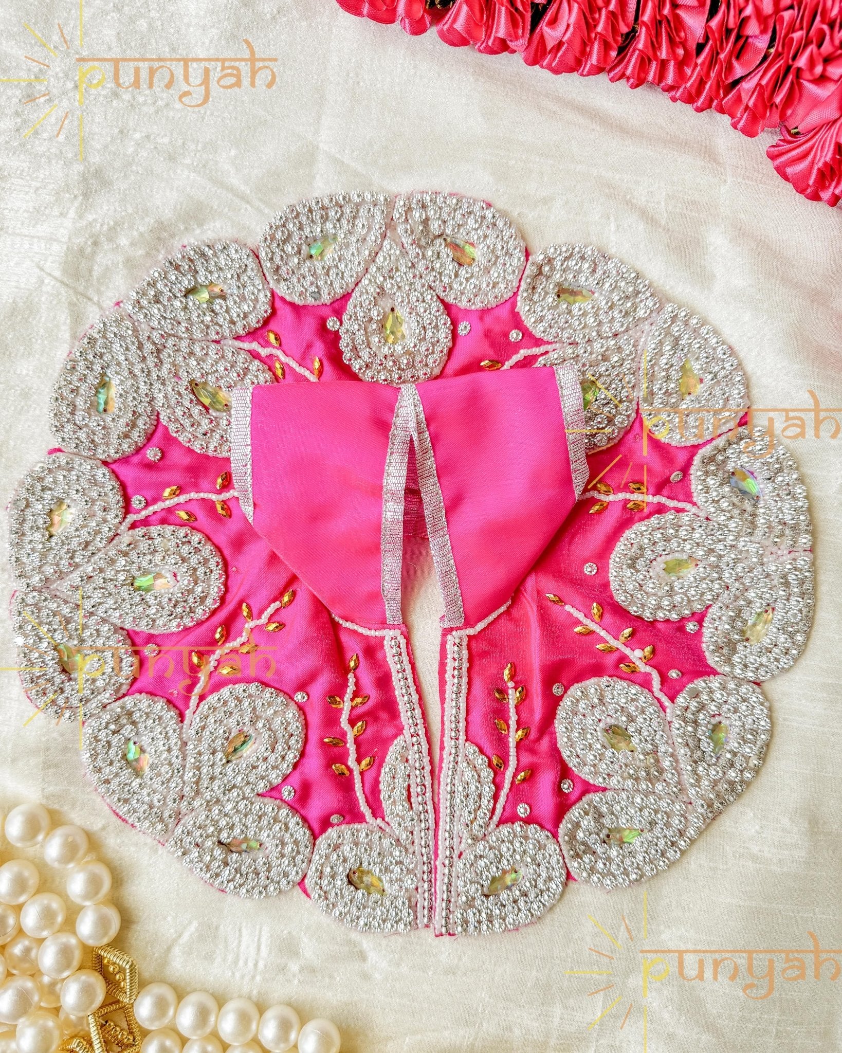 Pink Zari Hand Embroidered Poshak For Laddu Gopal Ji - Punyah