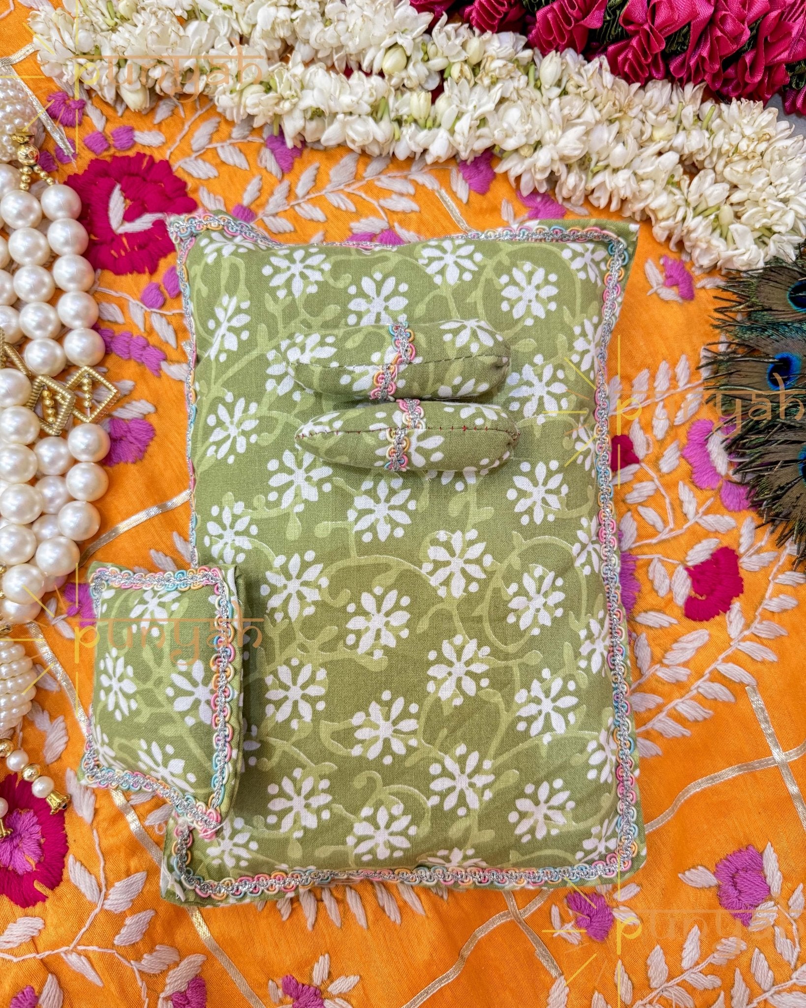 Premium Cotton Green Escape Gadda Set For Kanha JI - Punyah Handicraft