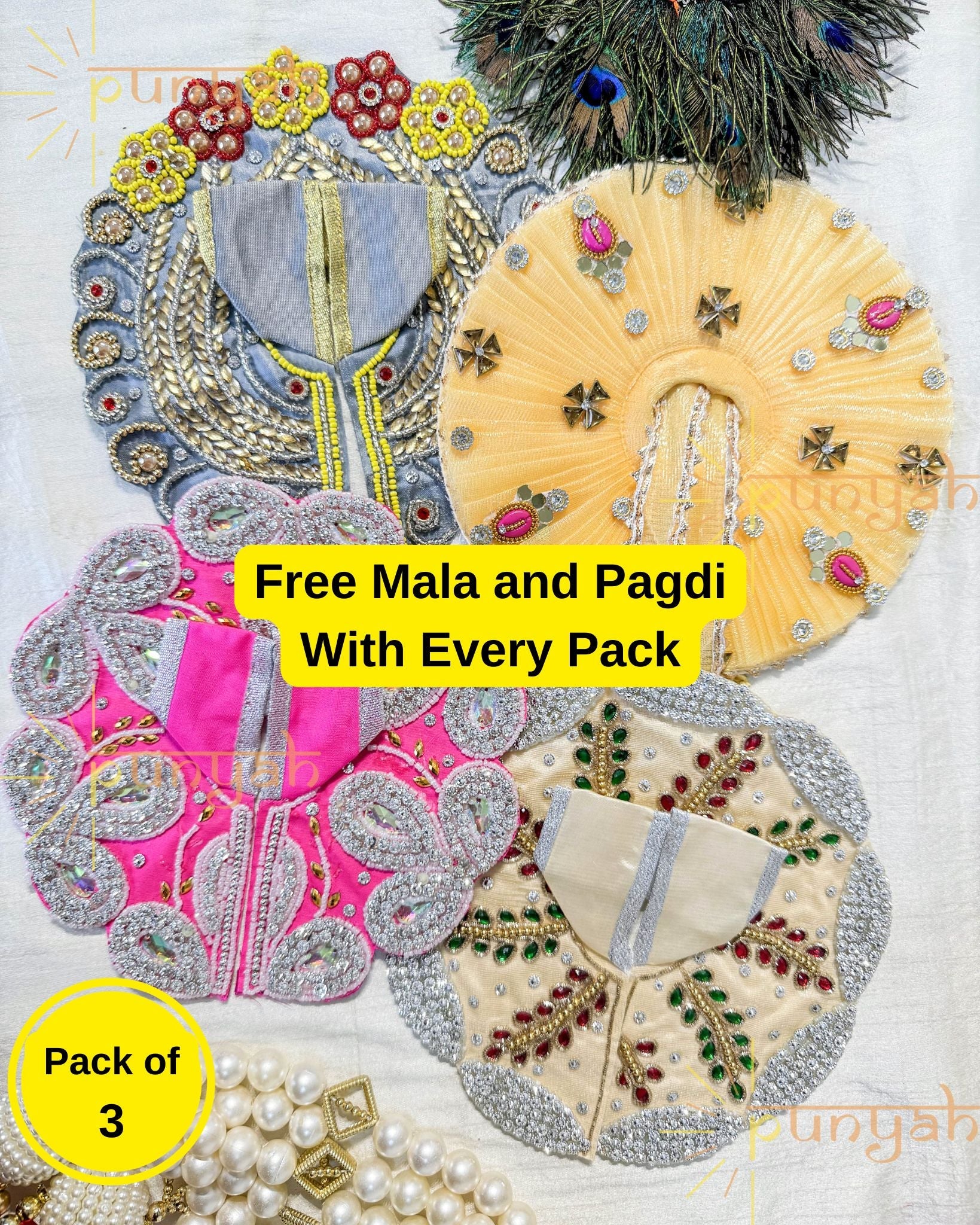 Premium Handwork Poshaks - Set of 3 for Thakur ji with Free Maala and Pagdi - Punyah Handicraft