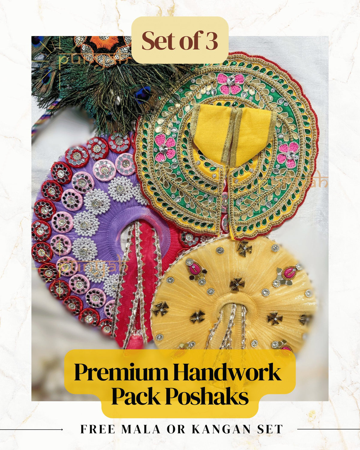 Premium Handwork Poshaks - Set of 3 for Thakur ji with Free Maala and Pagdi - Punyah Handicraft