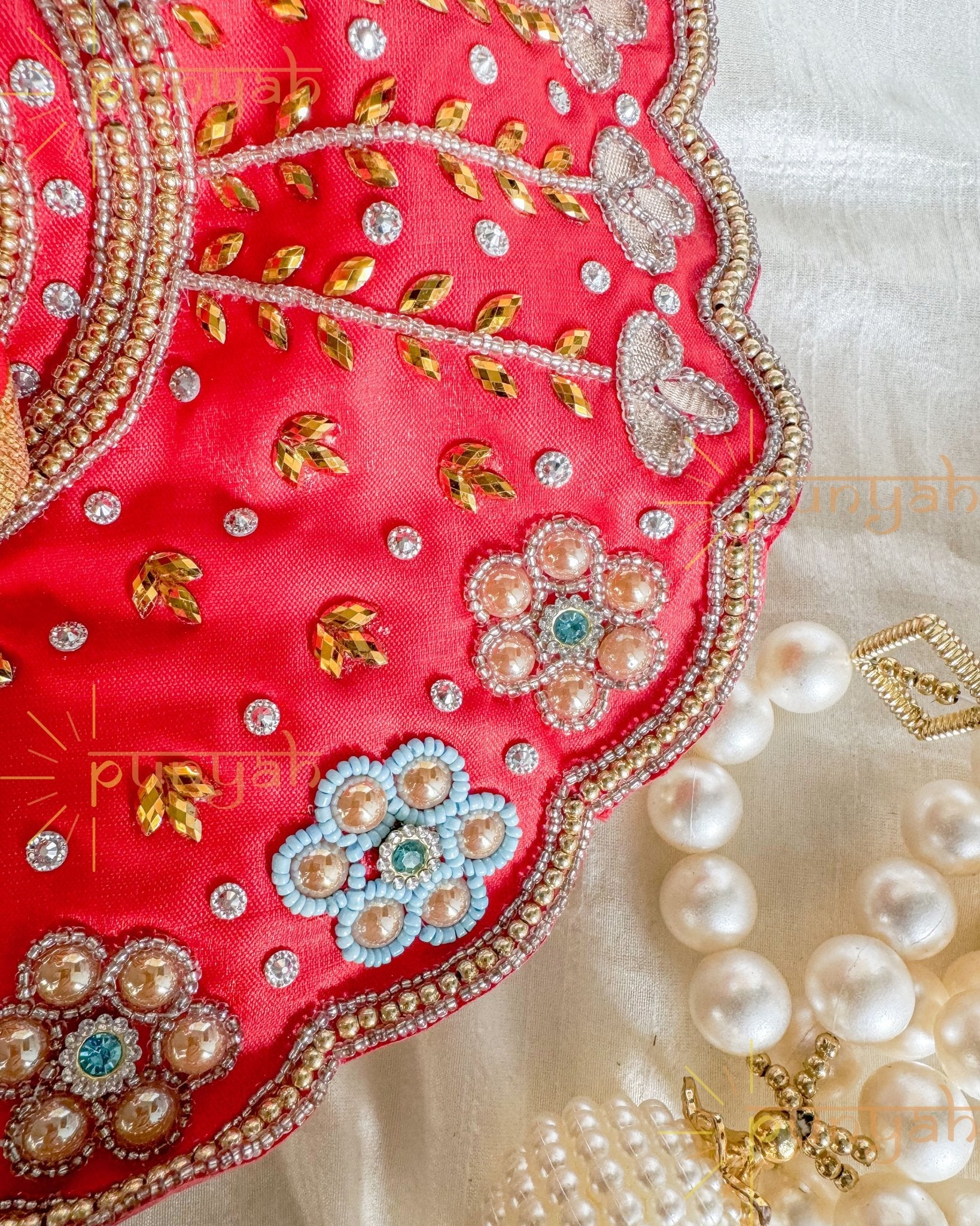 Red Zari Hand Embroidery Poshak For Kanha Ji - Punyah