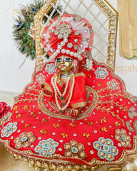 Red Zari Hand Embroidery Poshak For Kanha Ji - Punyah