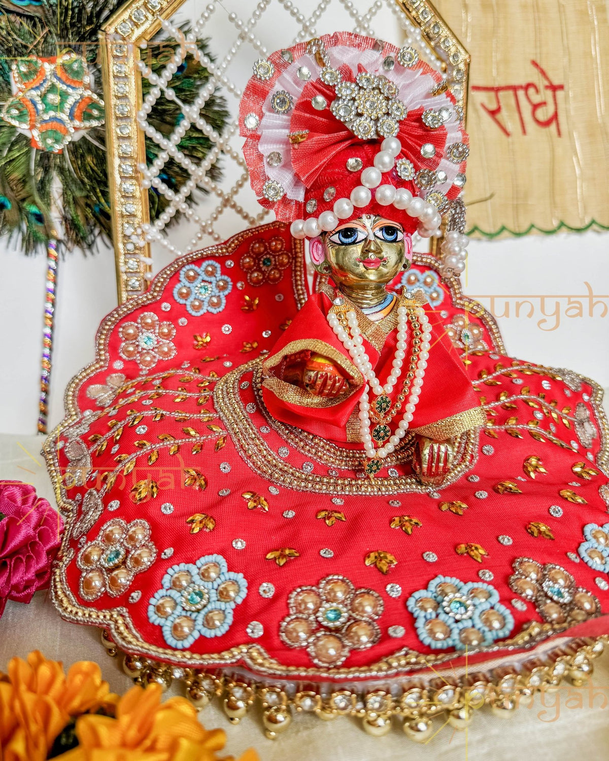 Red Zari Hand Embroidery Poshak For Kanha Ji - Punyah