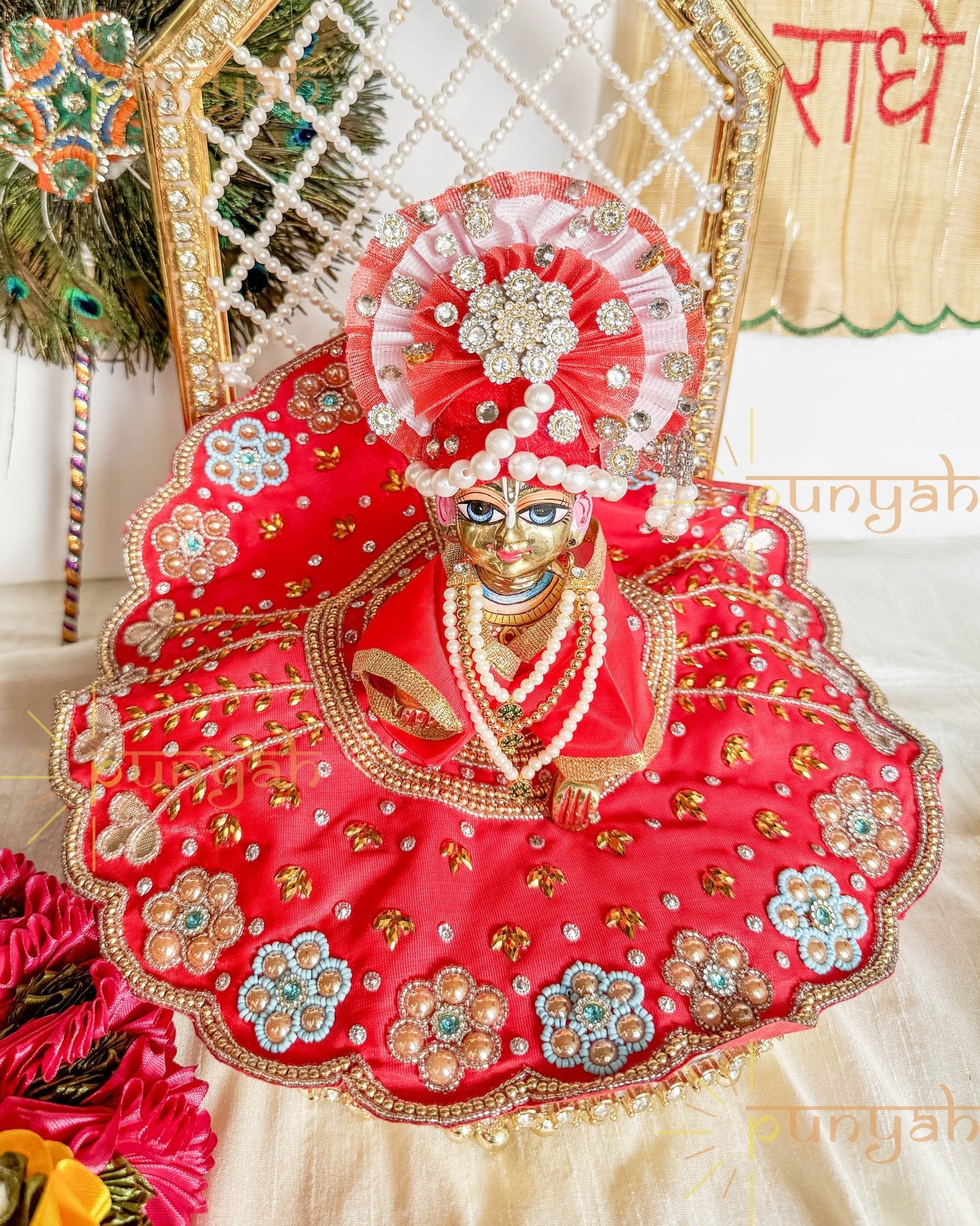 Red Zari Hand Embroidery Poshak For Kanha Ji - Punyah