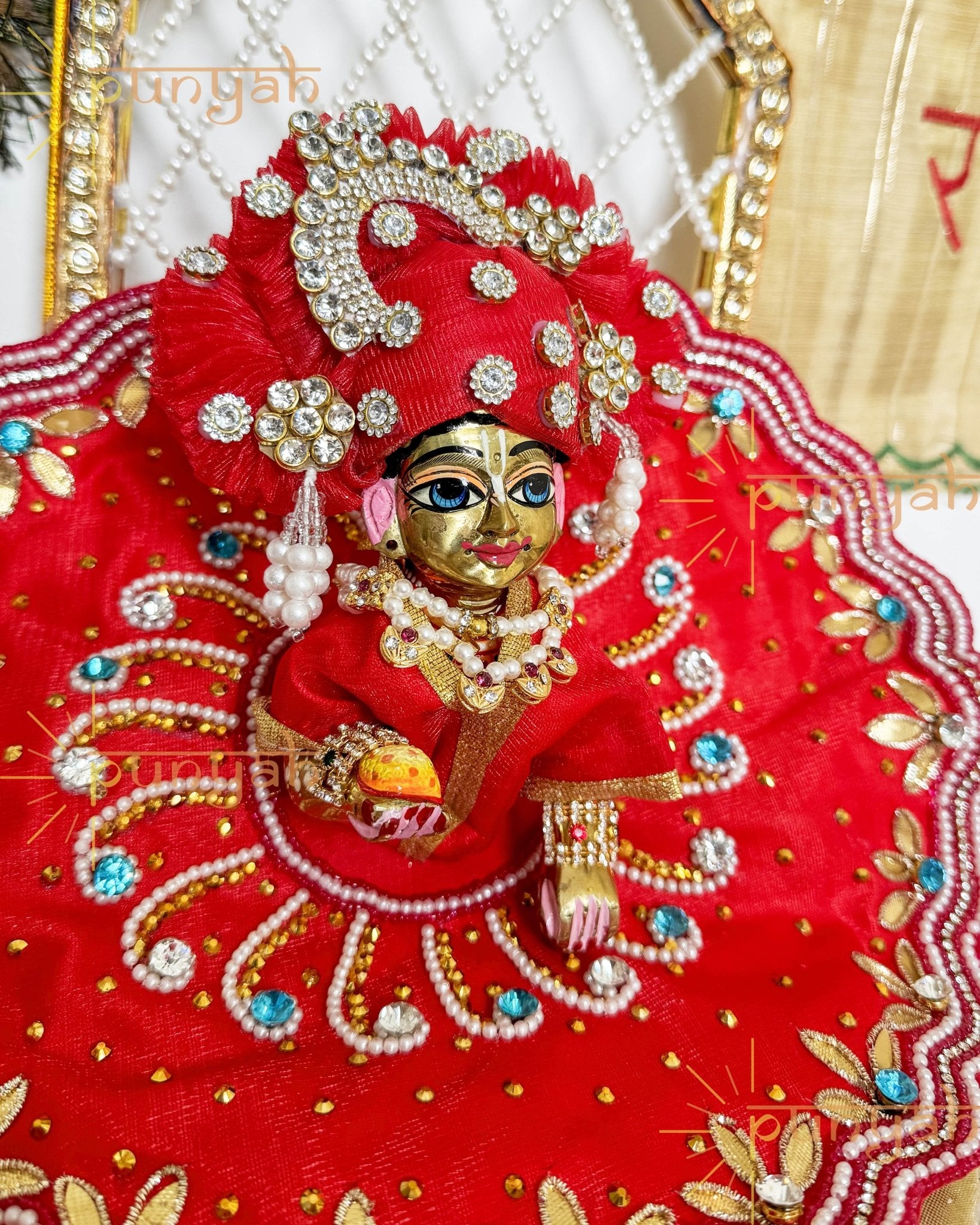 Red Zari Handwork Cotton Poshak For Laddu Gopal Ji - Punyah Handicraft