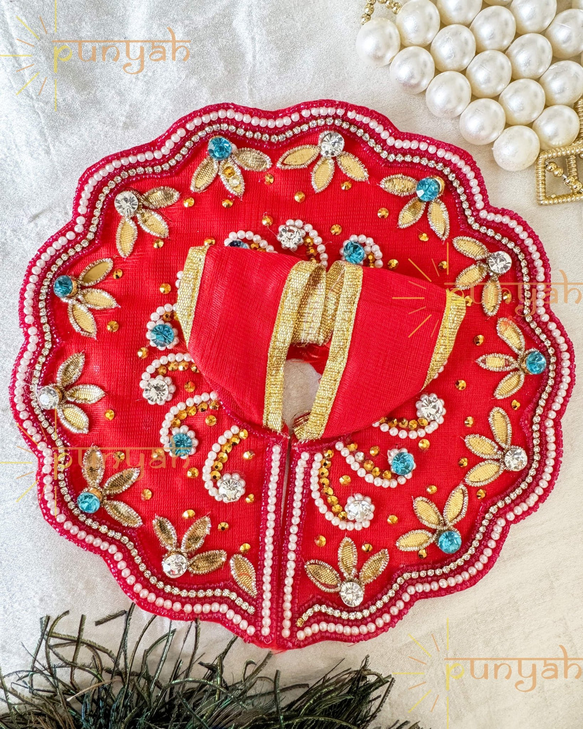 Red Zari Handwork Cotton Poshak For Laddu Gopal Ji - Punyah Handicraft