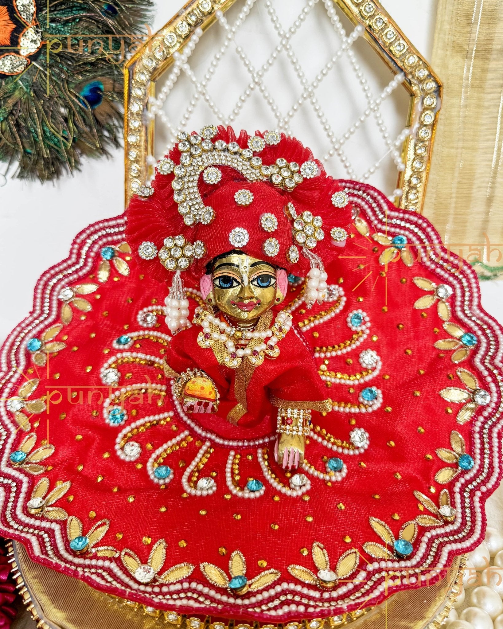 Red Zari Handwork Cotton Poshak For Laddu Gopal Ji - Punyah Handicraft