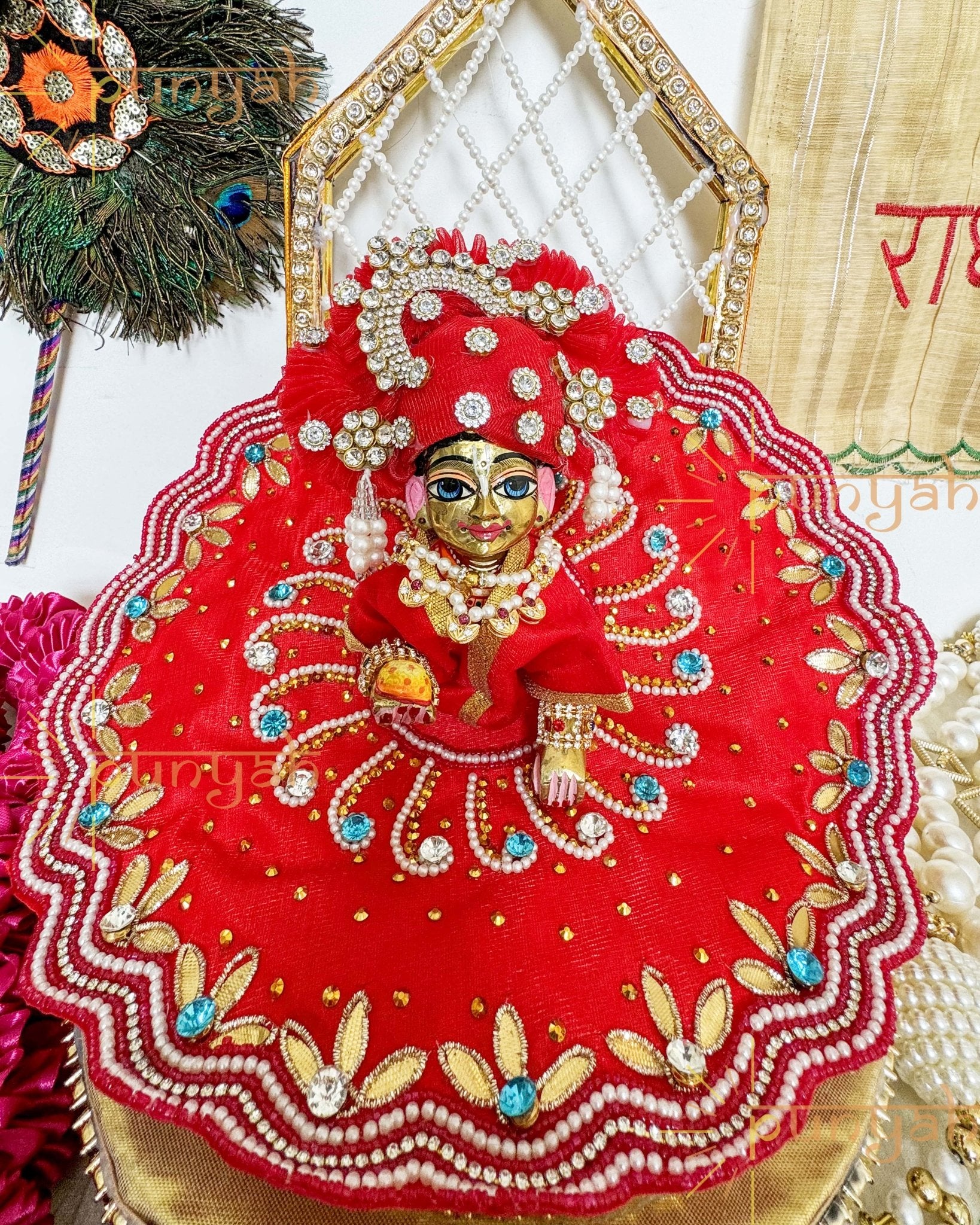 Red Zari Handwork Cotton Poshak For Laddu Gopal Ji - Punyah Handicraft