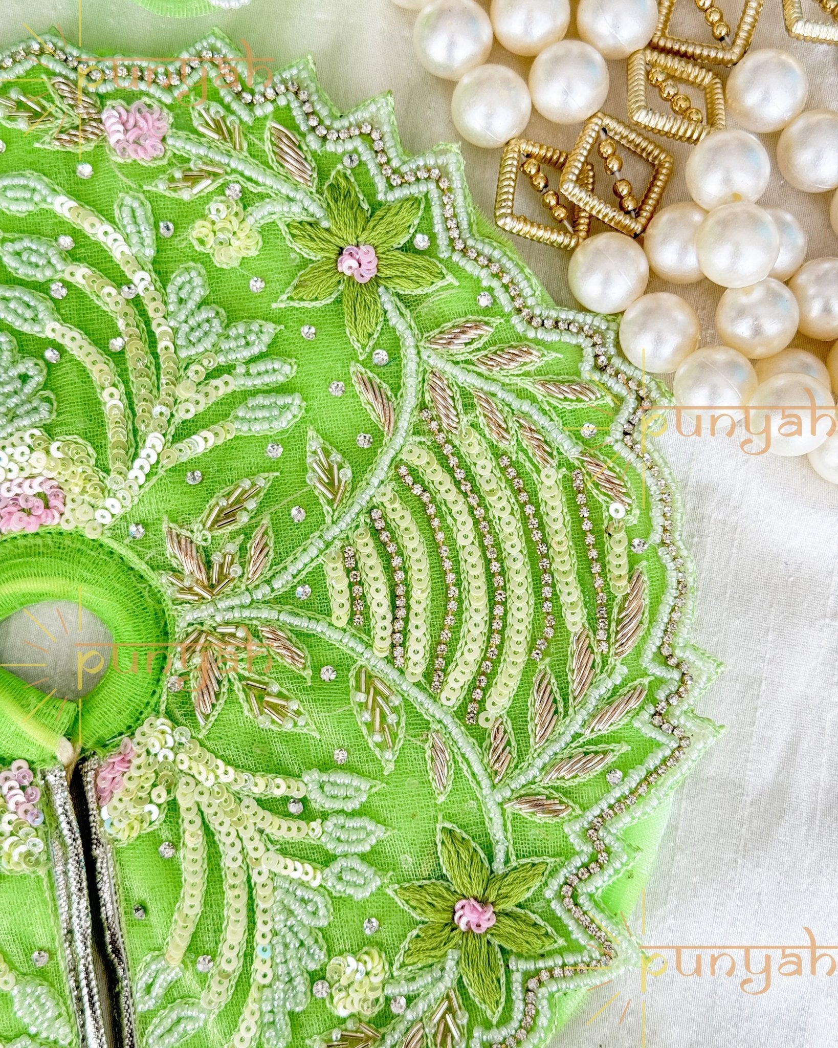 Shimmer Green Net Sequins Handwork Poshak with Pagdi & Patka For Kanha ji - Punyah Handicraft