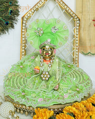 Shimmer Green Net Sequins Handwork Poshak with Pagdi & Patka For Kanha ji - Punyah Handicraft