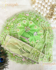 Shimmer Green Net Sequins Handwork Poshak with Pagdi & Patka For Kanha ji - Punyah Handicraft