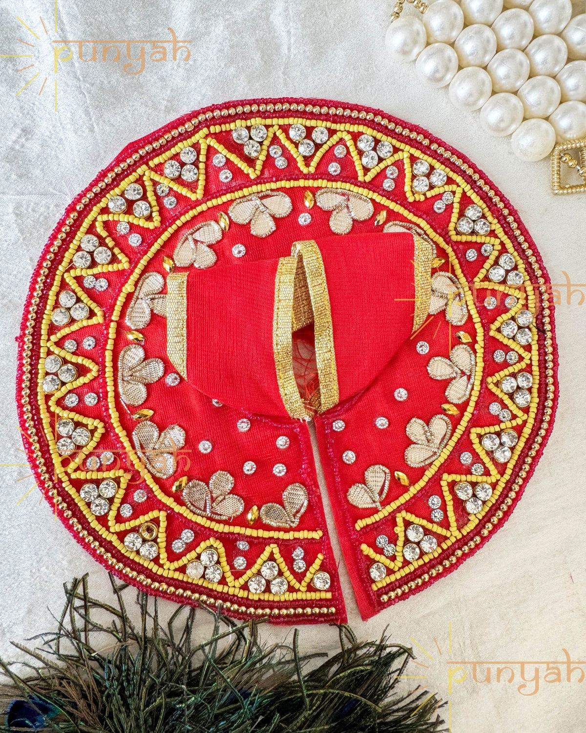 Shubh Red Bead Embellished Premium Poshak For Thakur Ji - Punyah Handicraft