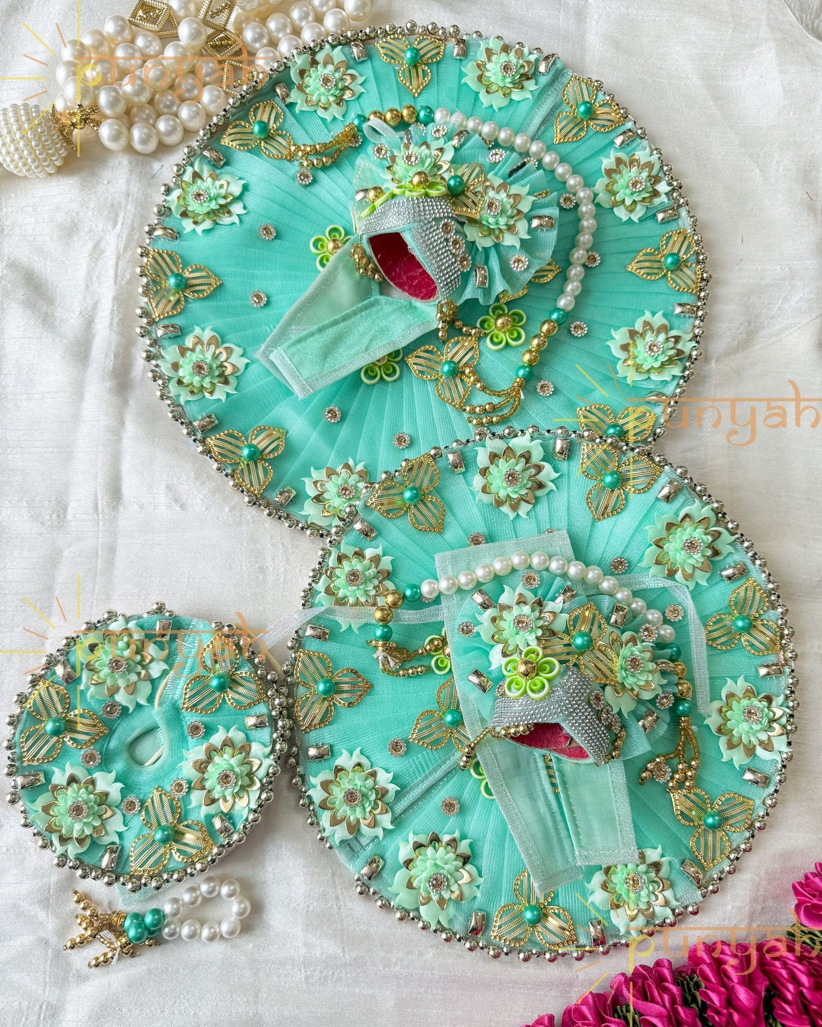 Teal Embellished Premium Poshak With Pagdi & Maala For Kanha Ji - Punyah