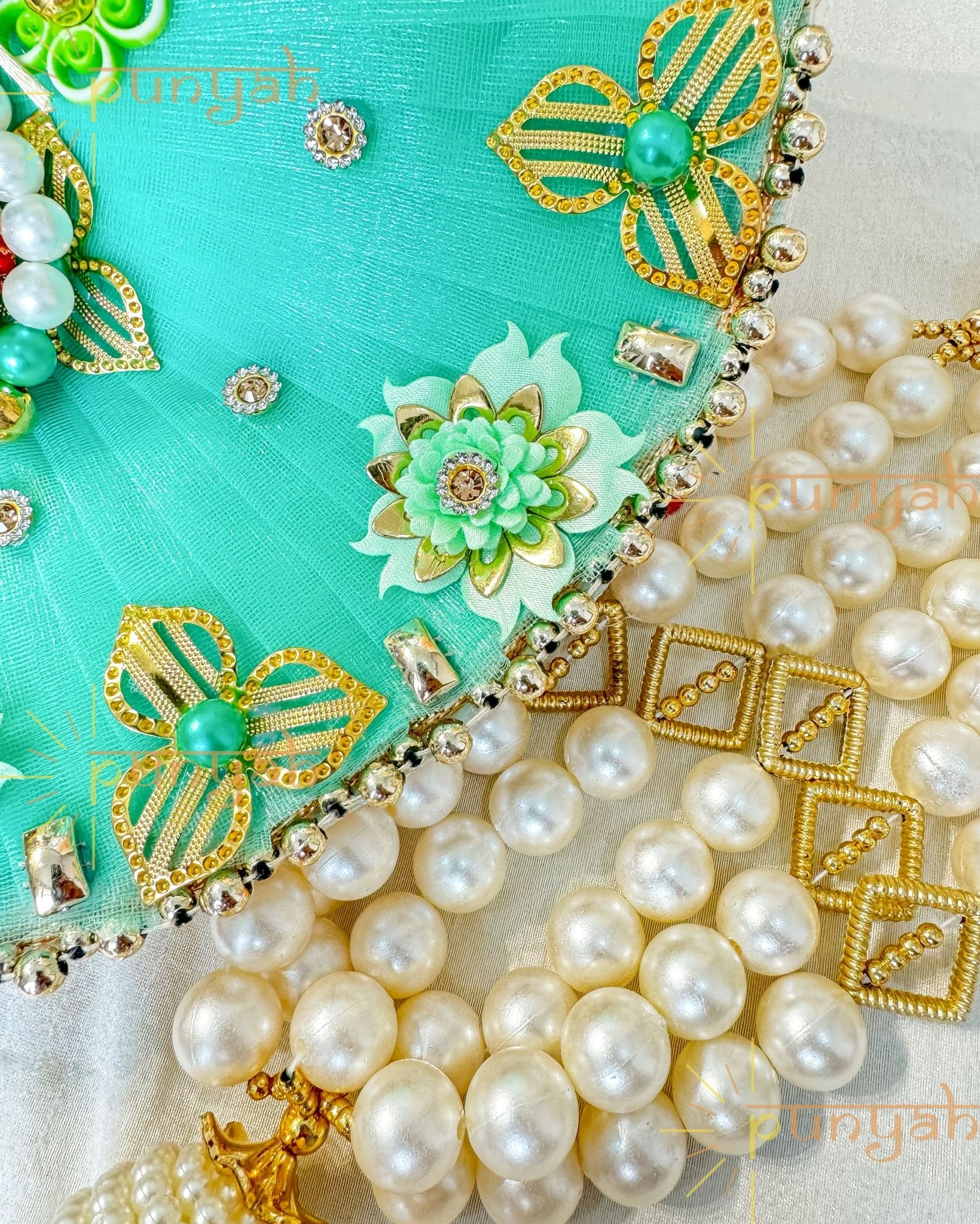 Teal Embellished Premium Poshak With Pagdi & Maala For Kanha Ji - Punyah