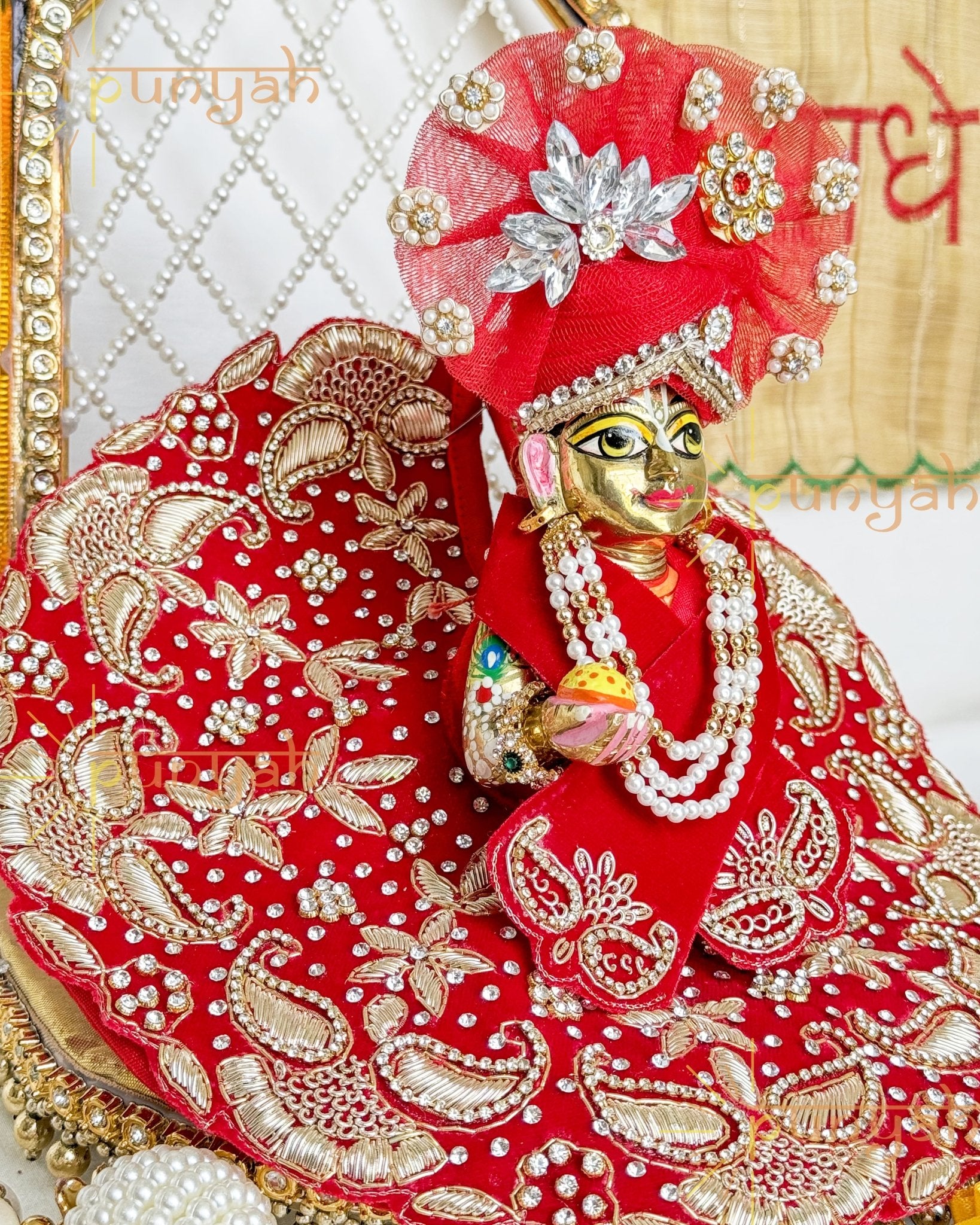 Velvet Red Golden Zardosi Handwork Poshak With Pagdi & Patka For Laddu Gopal Ji - Punyah Handicraft