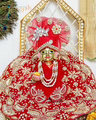 Velvet Red Golden Zardosi Handwork Poshak With Pagdi & Patka For Laddu Gopal Ji - Punyah Handicraft