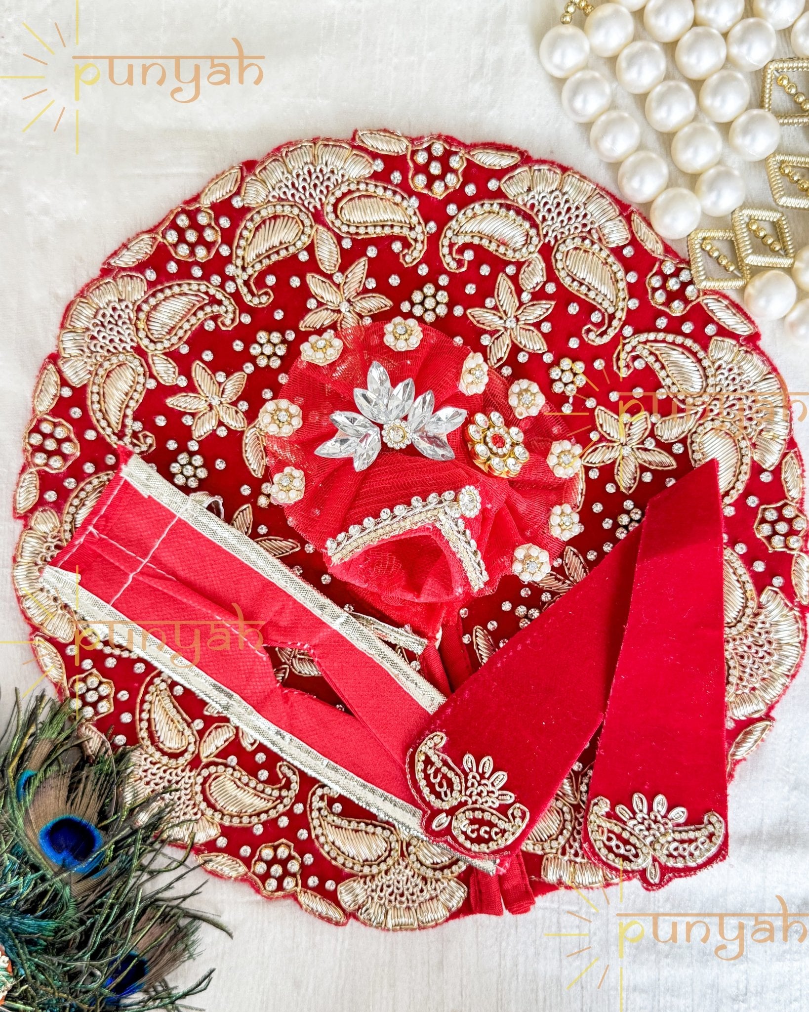 Velvet Red Golden Zardosi Handwork Poshak With Pagdi & Patka For Laddu Gopal Ji - Punyah Handicraft