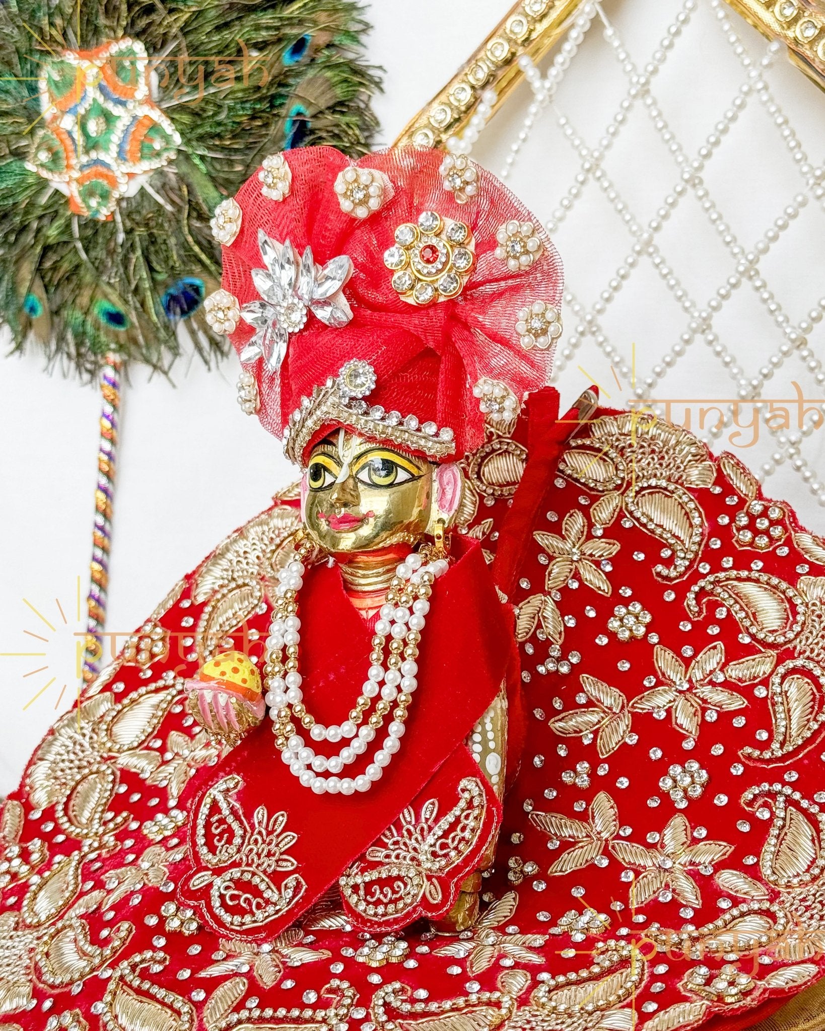 Velvet Red Golden Zardosi Handwork Poshak With Pagdi & Patka For Laddu Gopal Ji - Punyah Handicraft