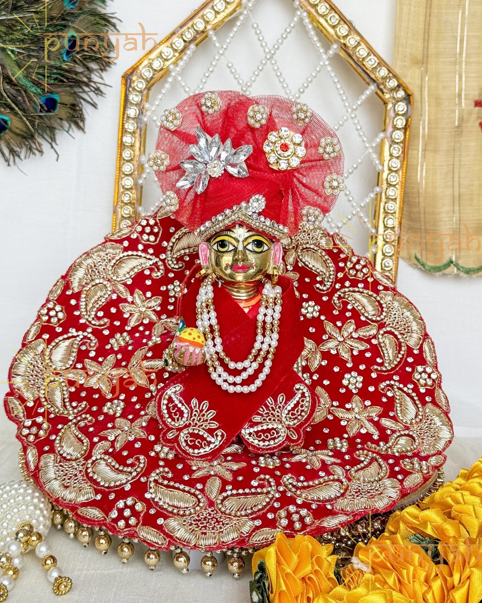 Velvet Red Golden Zardosi Handwork Poshak With Pagdi & Patka For Laddu Gopal Ji - Punyah Handicraft