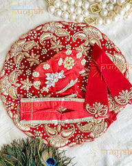 Velvet Red Golden Zardosi Handwork Poshak With Pagdi & Patka For Laddu Gopal Ji - Punyah Handicraft