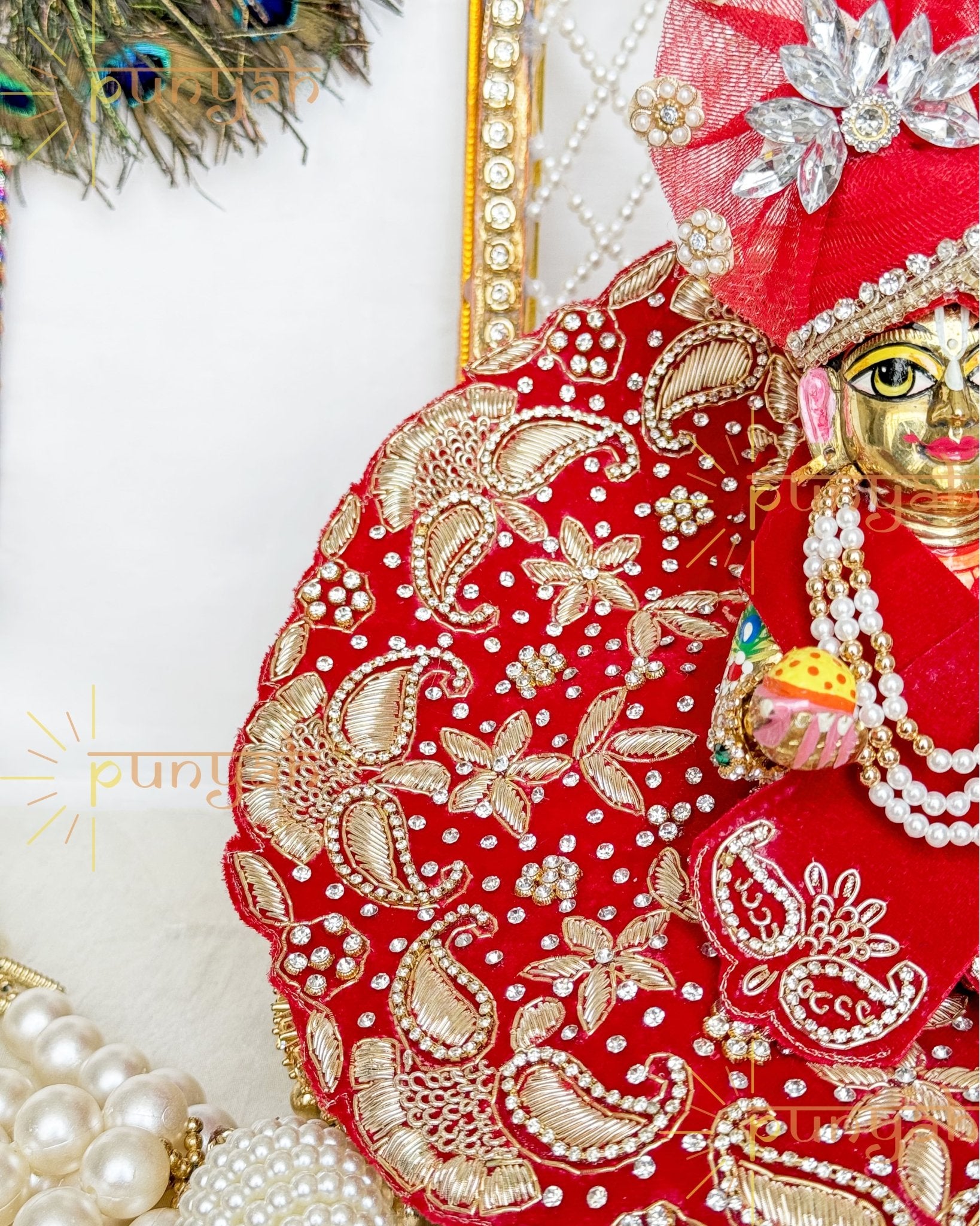 Velvet Red Golden Zardosi Handwork Poshak With Pagdi & Patka For Laddu Gopal Ji - Punyah Handicraft