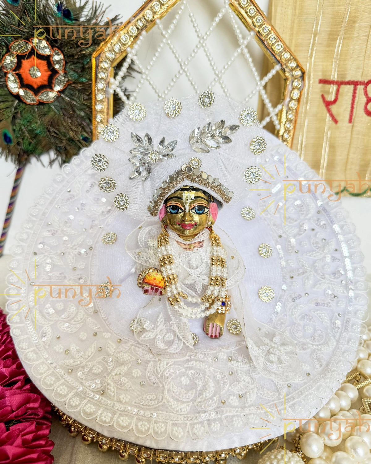 White Embroidered Net Poshak with Pagdi & Patka For Kanha ji - Punyah Handicraft