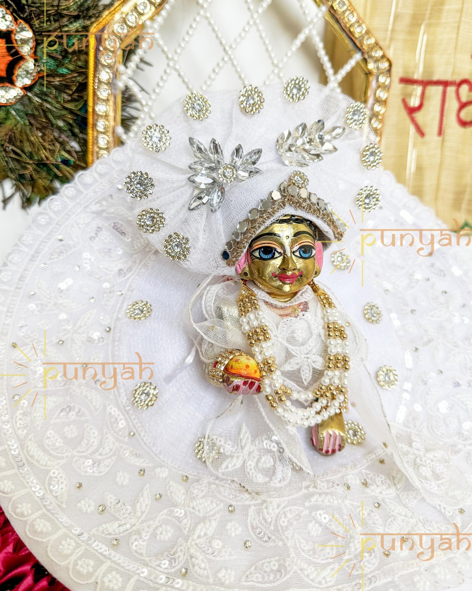 White Embroidered Net Poshak with Pagdi & Patka For Kanha ji - Punyah Handicraft