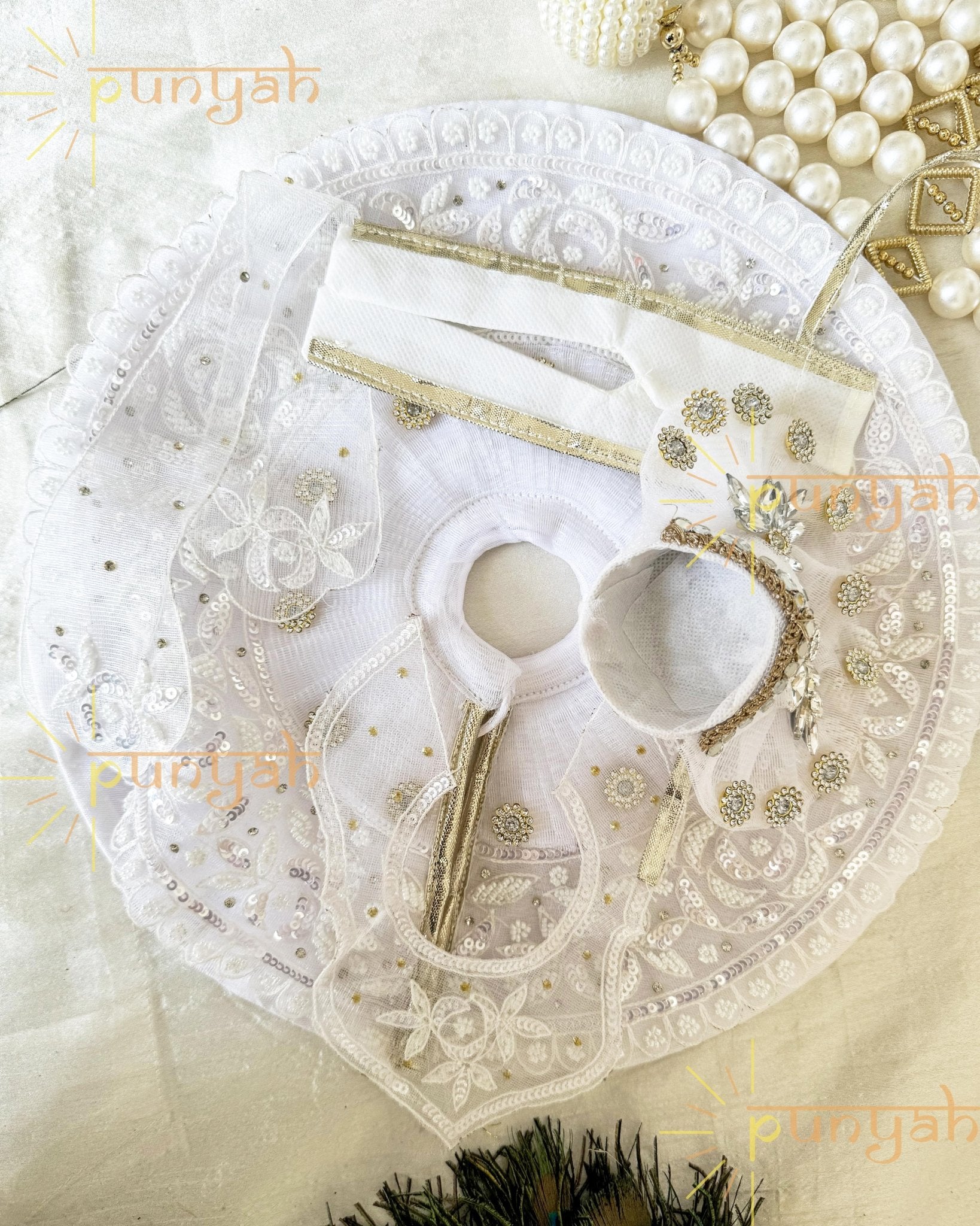 White Embroidered Net Poshak with Pagdi & Patka For Kanha ji - Punyah Handicraft