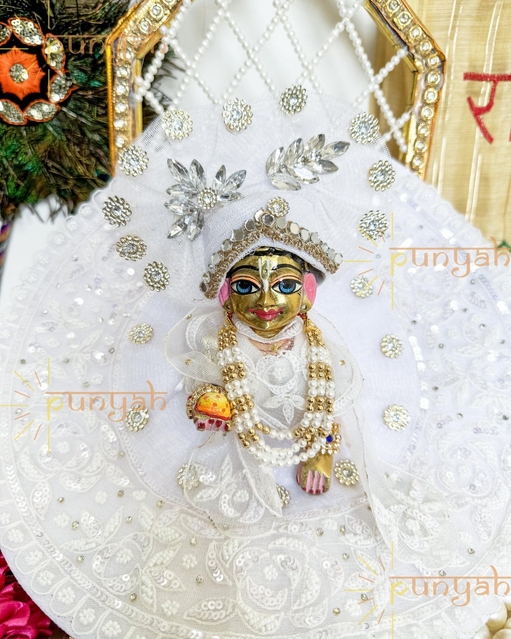 White Embroidered Net Poshak with Pagdi & Patka For Kanha ji - Punyah Handicraft