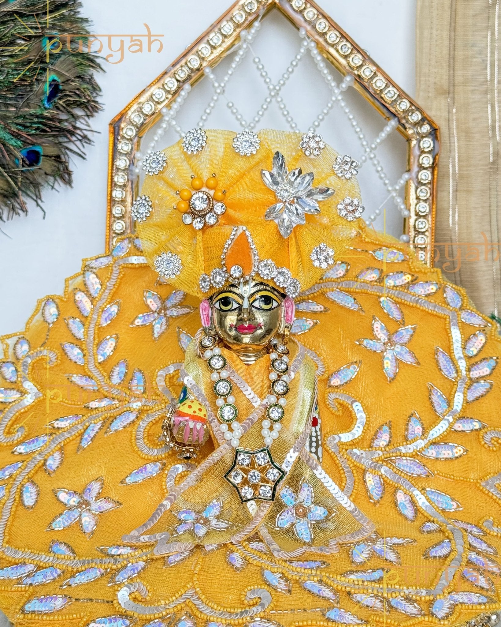 Yellow Sequin Handwork Festive Net Poshak With Pagdi & Patka For Thakur Ji - Punyah Handicraft