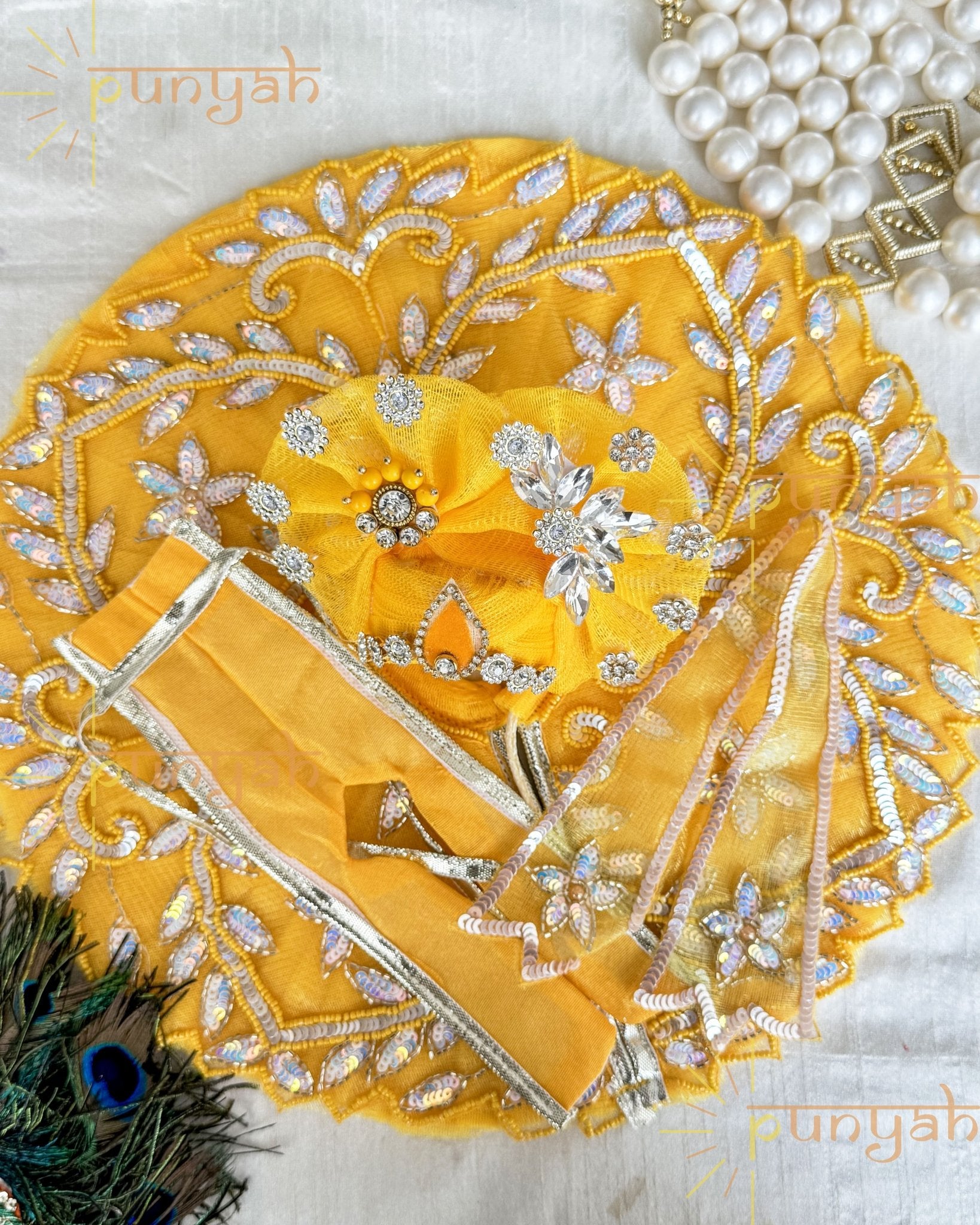 Yellow Sequin Handwork Festive Net Poshak With Pagdi & Patka For Thakur Ji - Punyah Handicraft