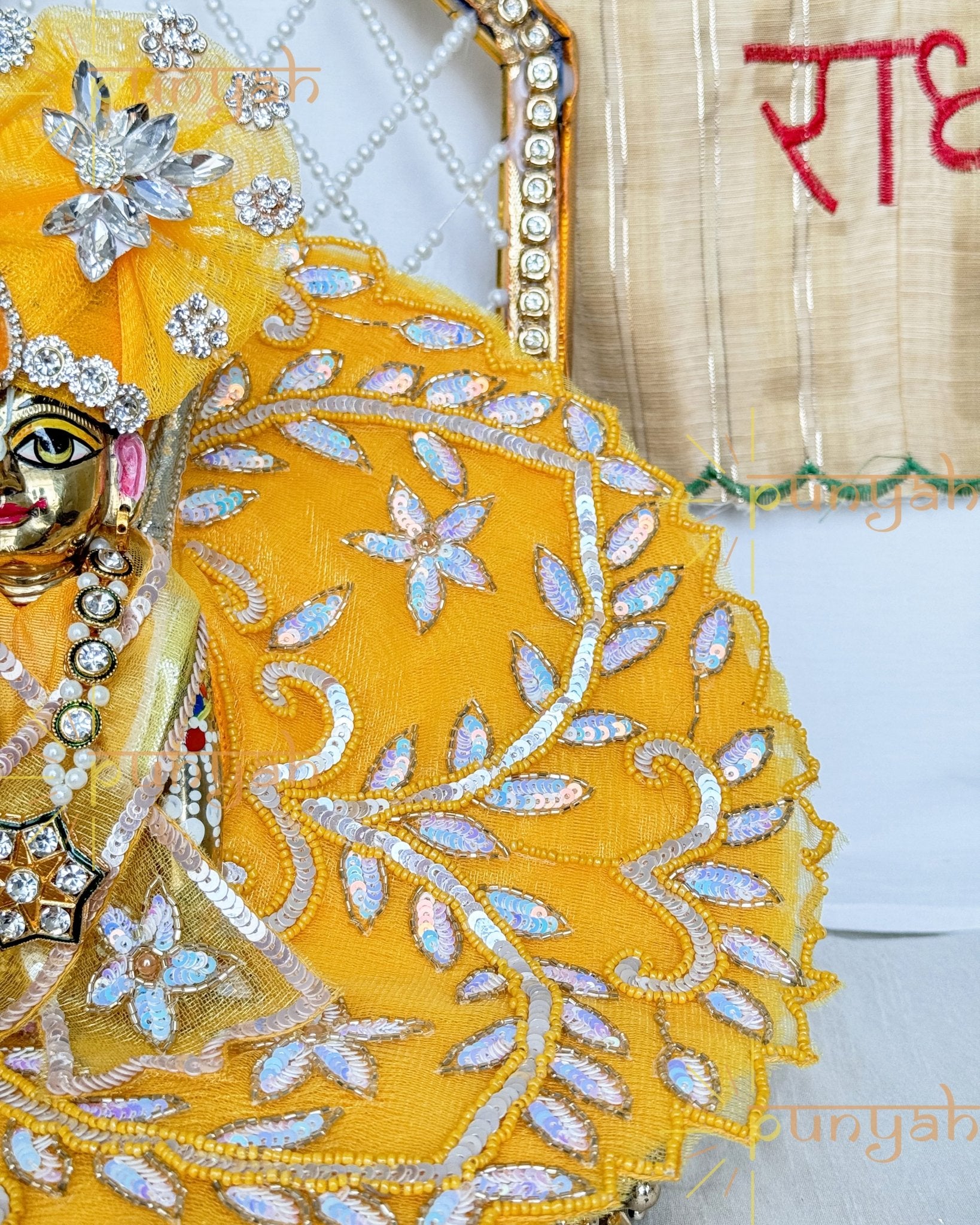 Yellow Sequin Handwork Festive Net Poshak With Pagdi & Patka For Thakur Ji - Punyah Handicraft